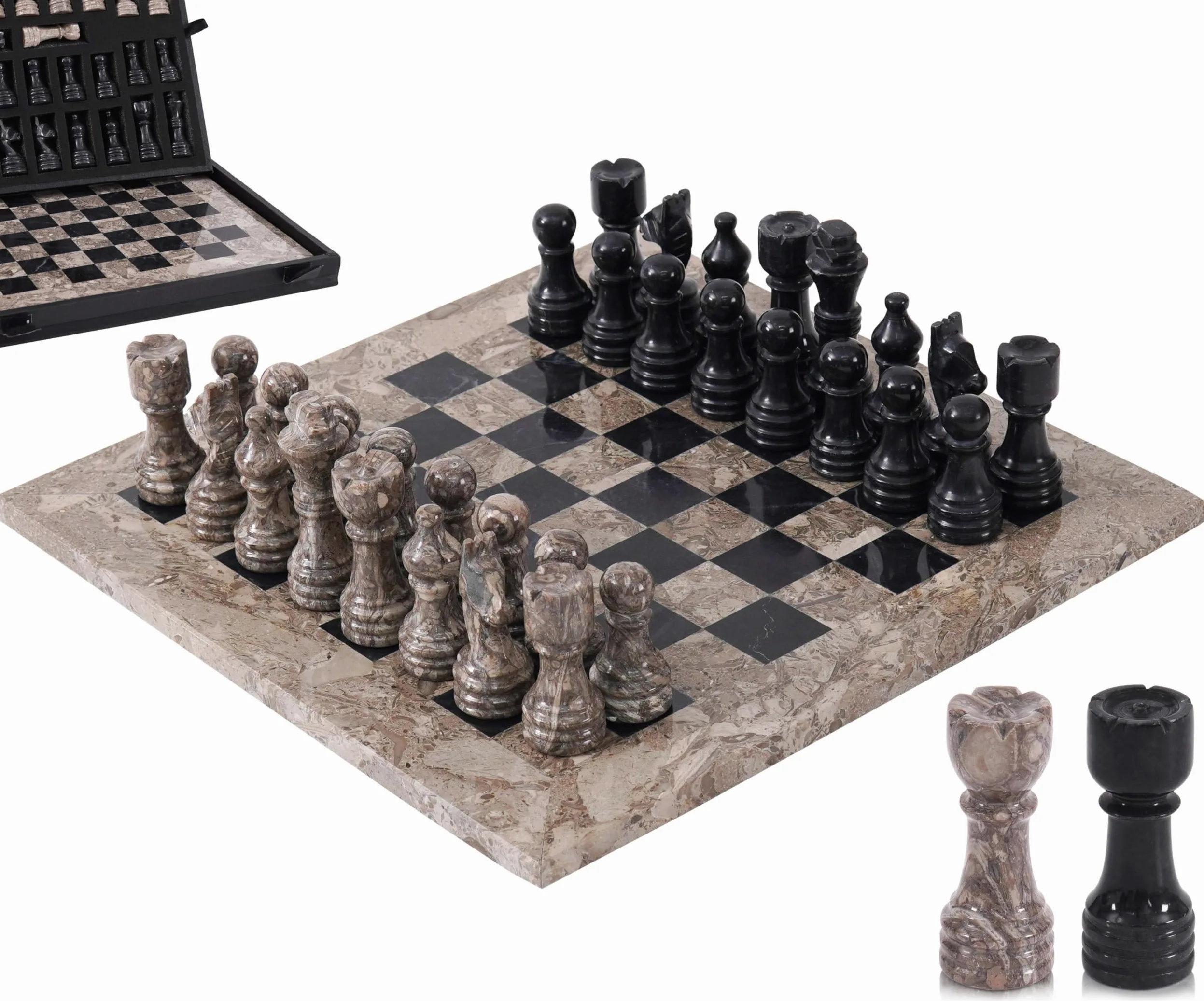MARBLE RANGE Jeu d'échecs en marbre oceánico y Negro Fait Main de 30 cm avec boîte, pièces et 2 Dames. Élégant Jeu de Voyage pour Adultes, idéal comme Cadeau ou décoration d'intérieur