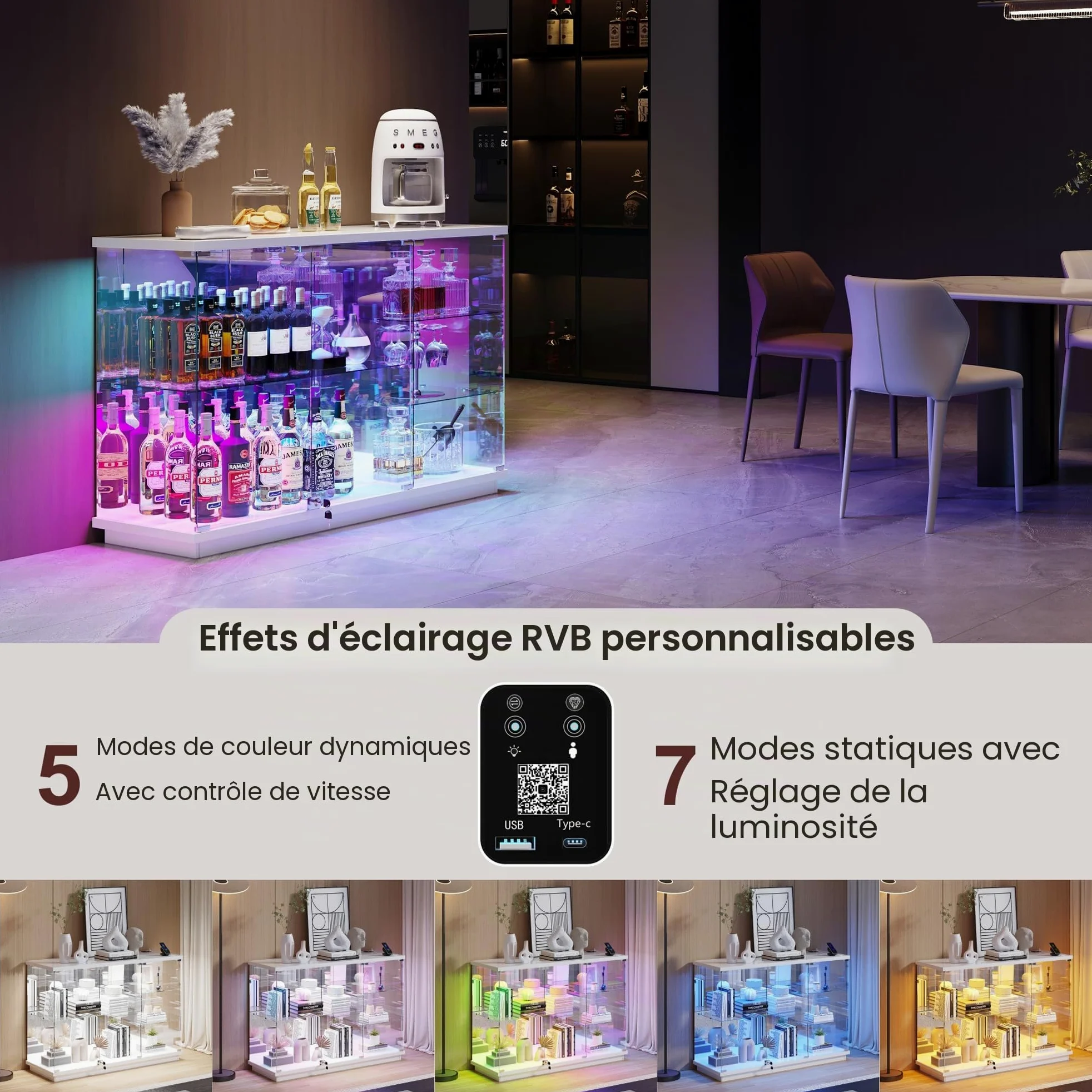 Lvifur Vitrine en Verre à 5 étagères avec éclairage RGB pour Salon,Blanche