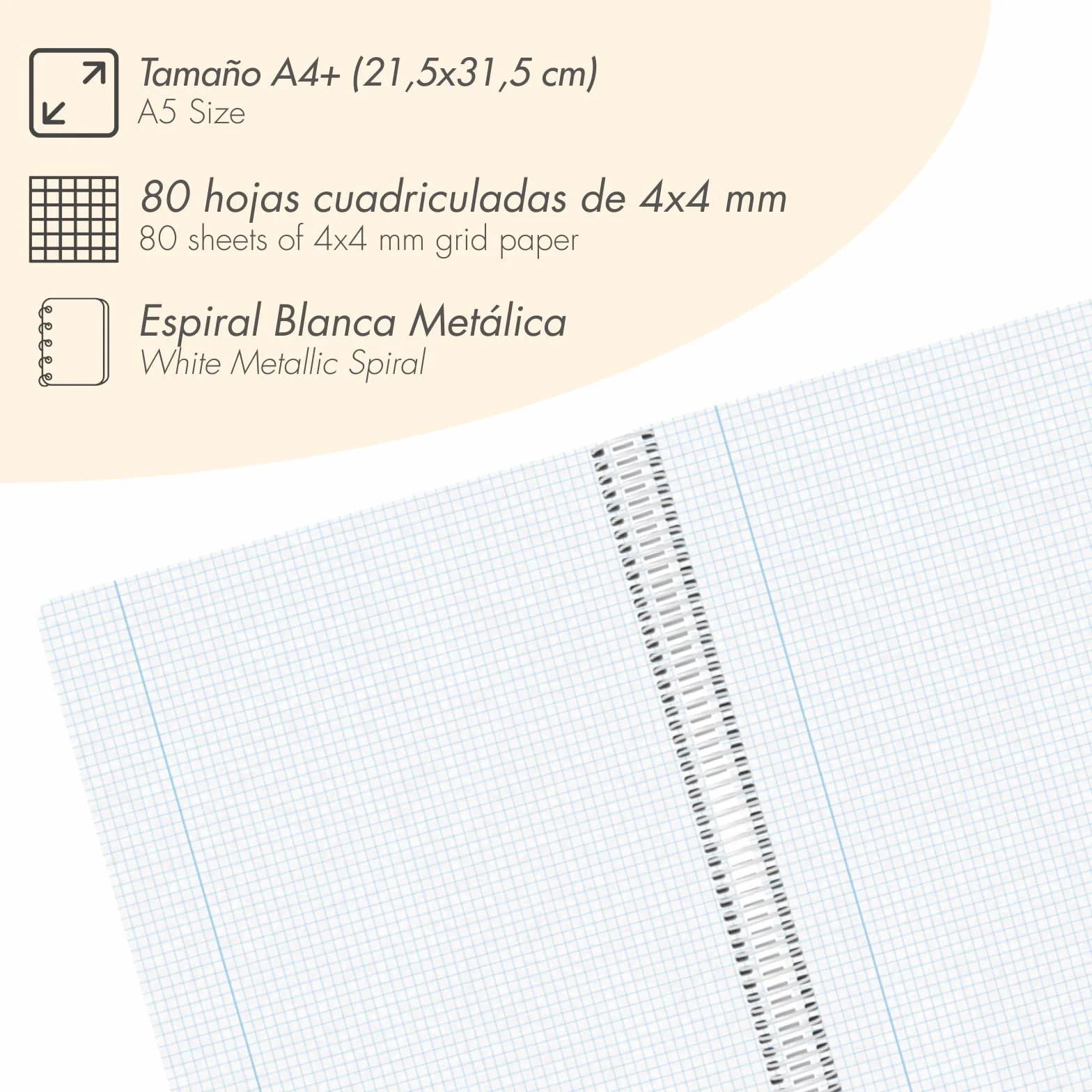 Cahiers A4+ 5 pcs 21,5x31,5 cm 80 Pages Quadrillées Reliure Spirale Couverture Souple en Carton Fournitures de Bureau