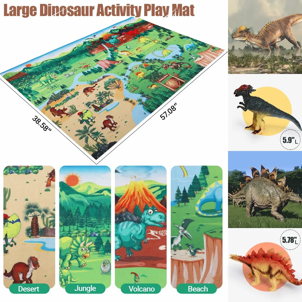 FRUSE Dinosaure Jurassic Jouet 145x98cm Tapis 12 Pièces Figurine Réalistes T-Rex Carnotaurus Boîte Rangement Jouets éducatifs Cadeau Enfants 3-6 Ans