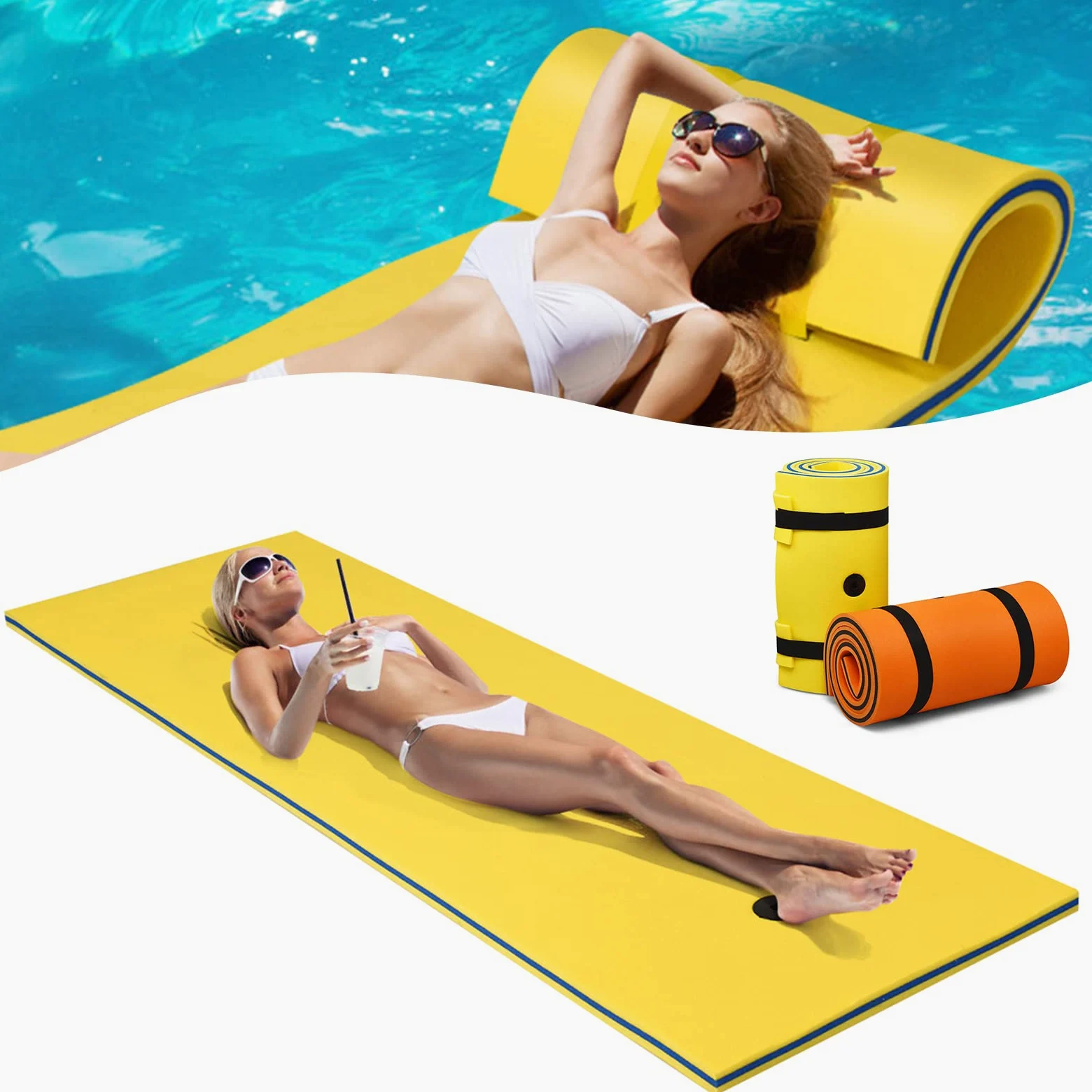 RELAX4LIFE Tapis Flottant Piscine en Mousse XPE 216x66cm pour Piscine Plage Lac, Hamac Flottant Piscine avec Oreiller Roulé pour Sports Nautiques, Bronzage d’Eté, Charge 60kg(Jaune)