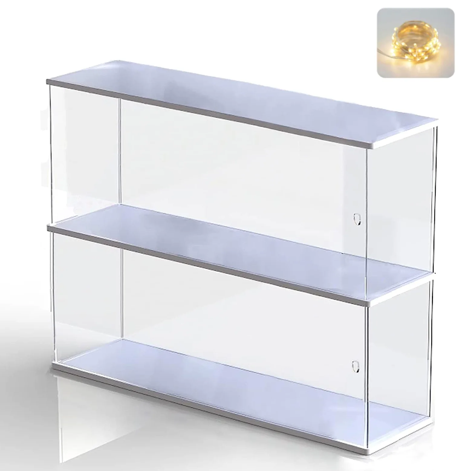 Vitrine Acrylique pour Funko Pop Figurine 11.5cm, Présentoir deux Éages Vitrine Acrylique Boîte Plexiglas Transparente pour Popmart Voitures Collection 1/32 1/43 Miniatures, Base Blanc 39.5x9.6x27.5cm