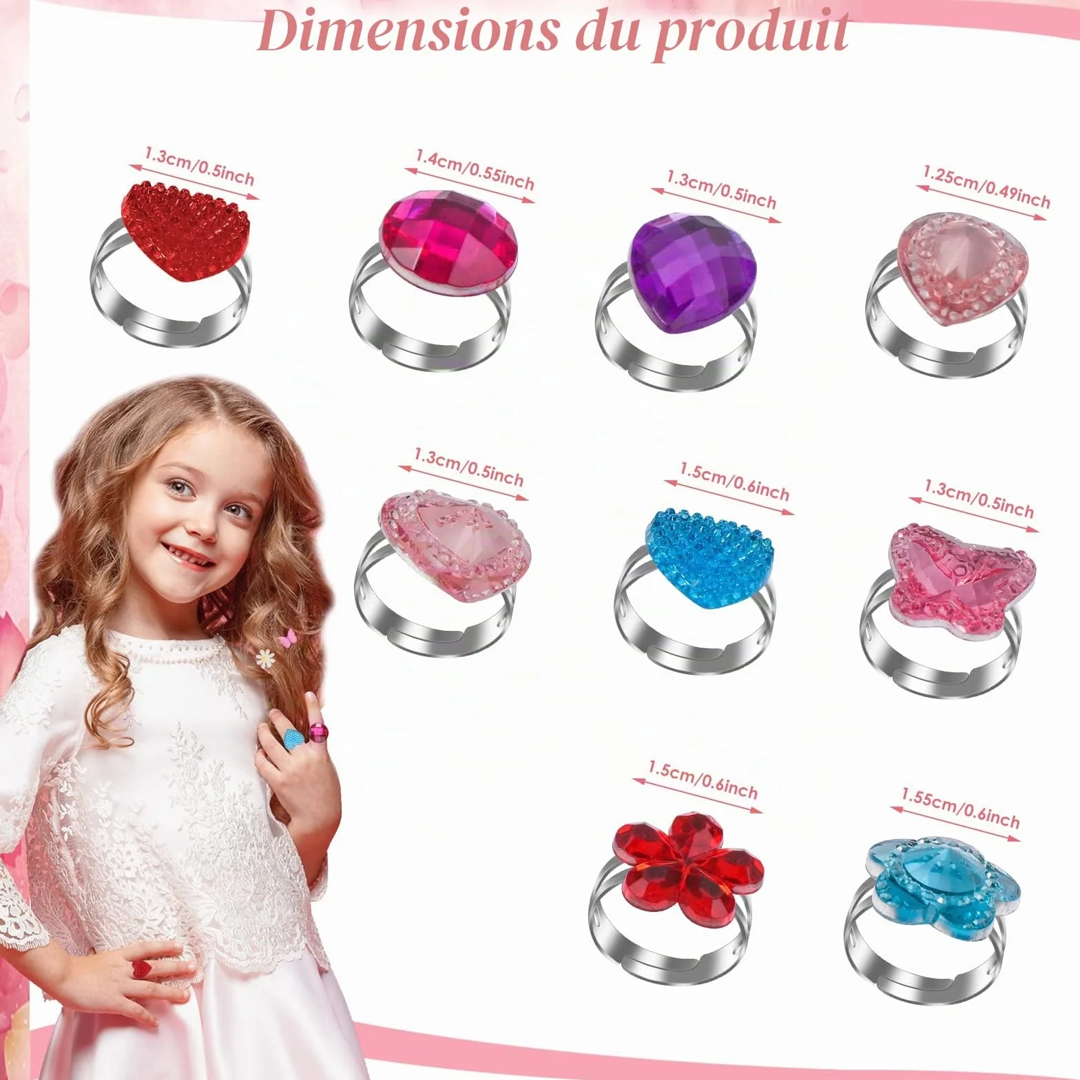 Abeillo 9 Pièces Bagues Réglables pour Enfants - Bijoux Fille - Résine Matériau