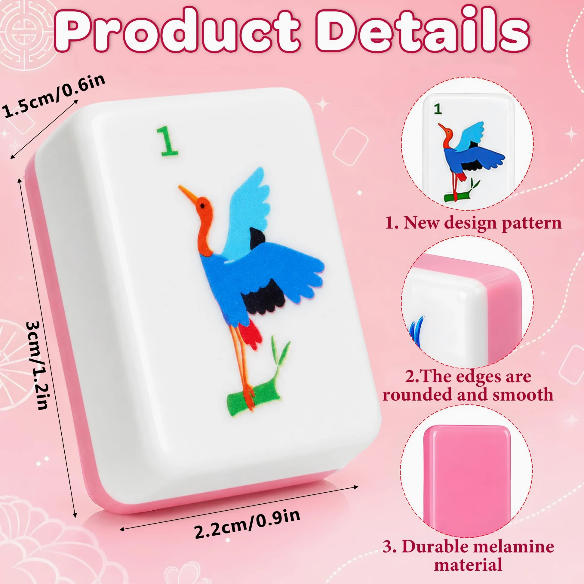 Mahjong Tile Set de 168 mahjongs avec 4 dés et sac de transport | Ensemble de mahjong portable pour voyage, fête, famille, loisirs (3 cm)
