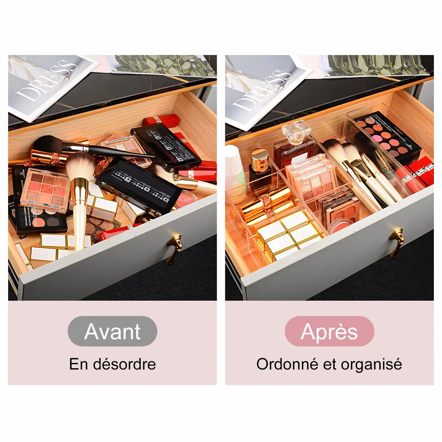 JessLab 4 Organisateurs de Tiroir en Acrylique, Boîtes Transparentes Empilables pour Maquillage et Bijoux