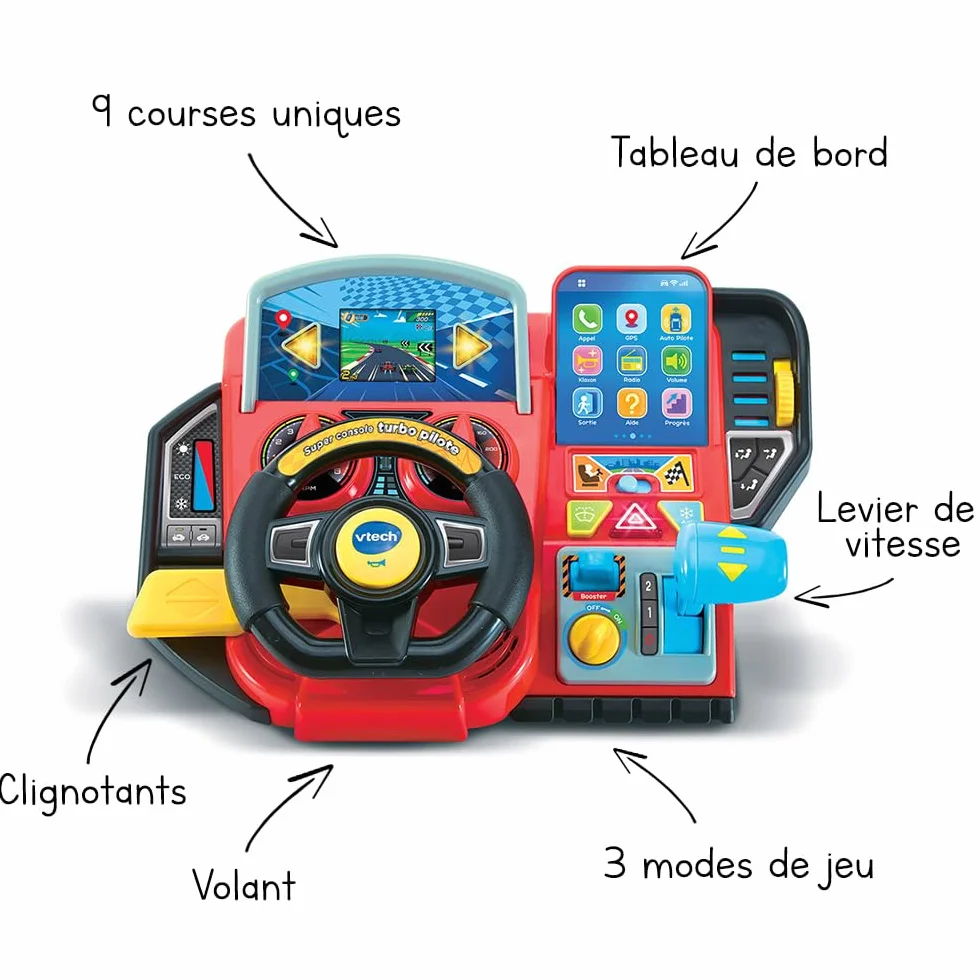 VTech Super Console Turbo Pilote Simulateur de Conduite Écran Couleur Tableau de Bord Courses Voitures Apprentissages Jeux Cadeau Enfant 3-8 Ans Français