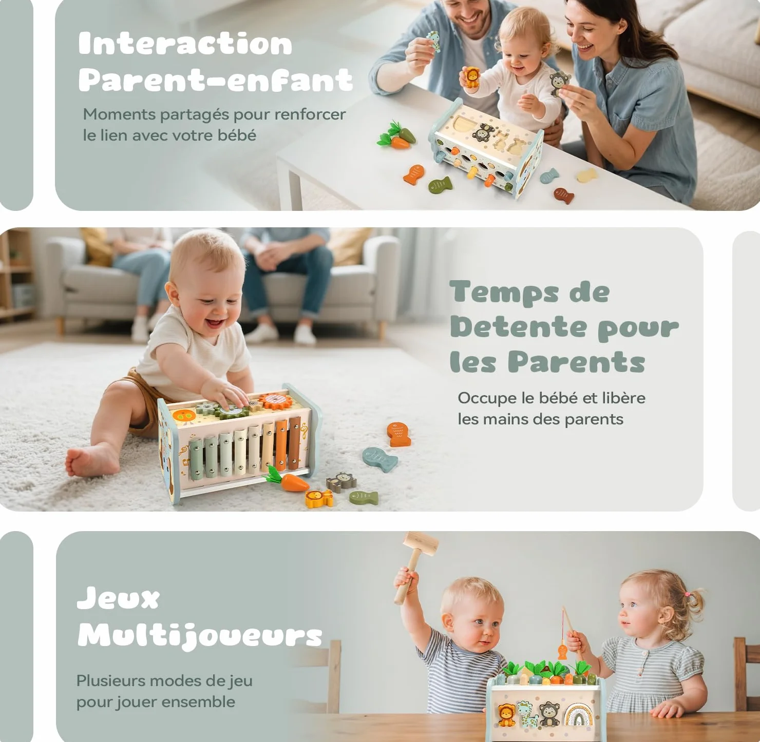 Jouet Montessori 1 an 6 en 1 Bois Bebe avec Xylophone, Jeu de Taupe, Pêche, Engrenage, Cadeau Anniversaire Noël 1 2 3 Ans Garcon Fille