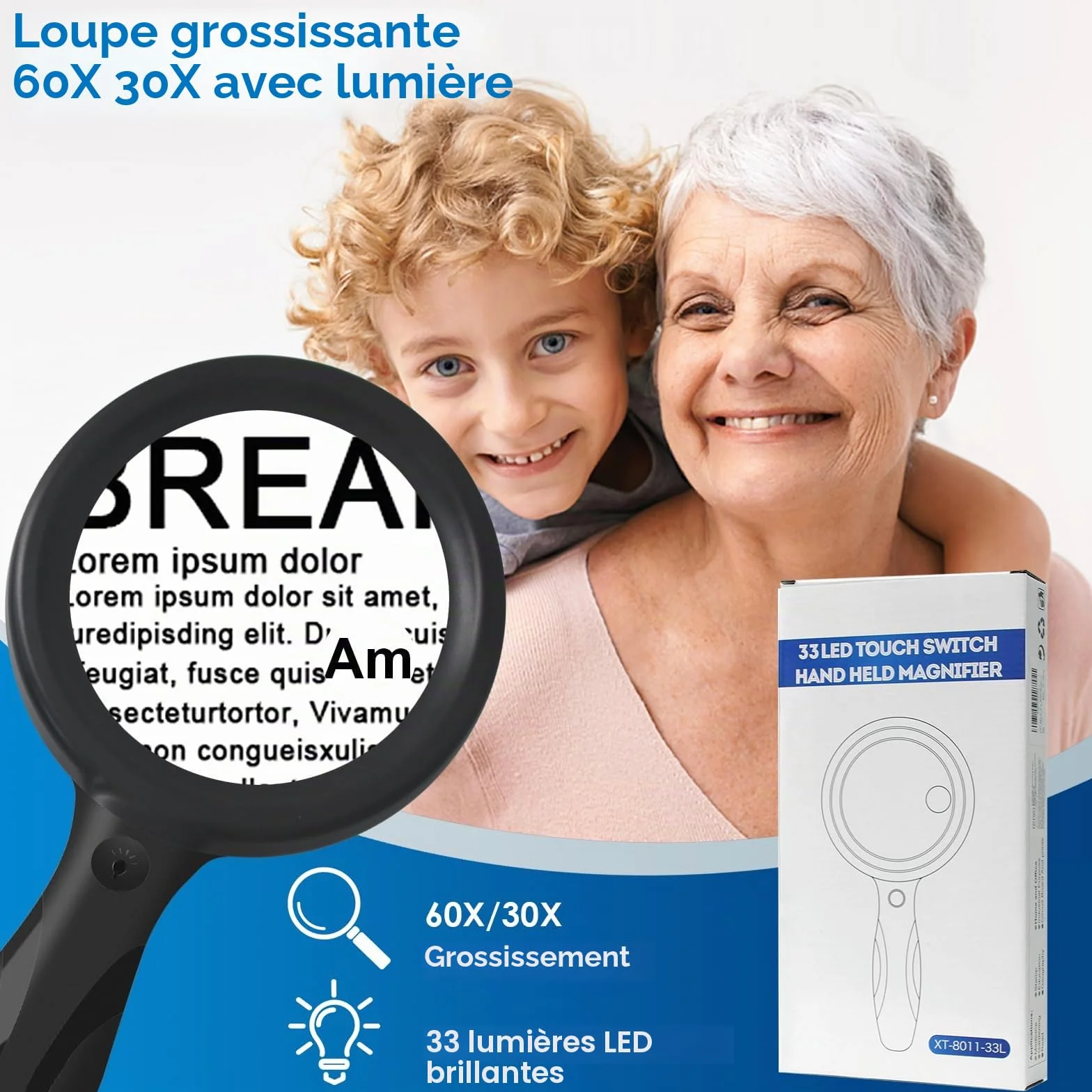 Loupe de Lecture 60X 30X 33LED USB Rechargeable avec Lumière 3 Modes