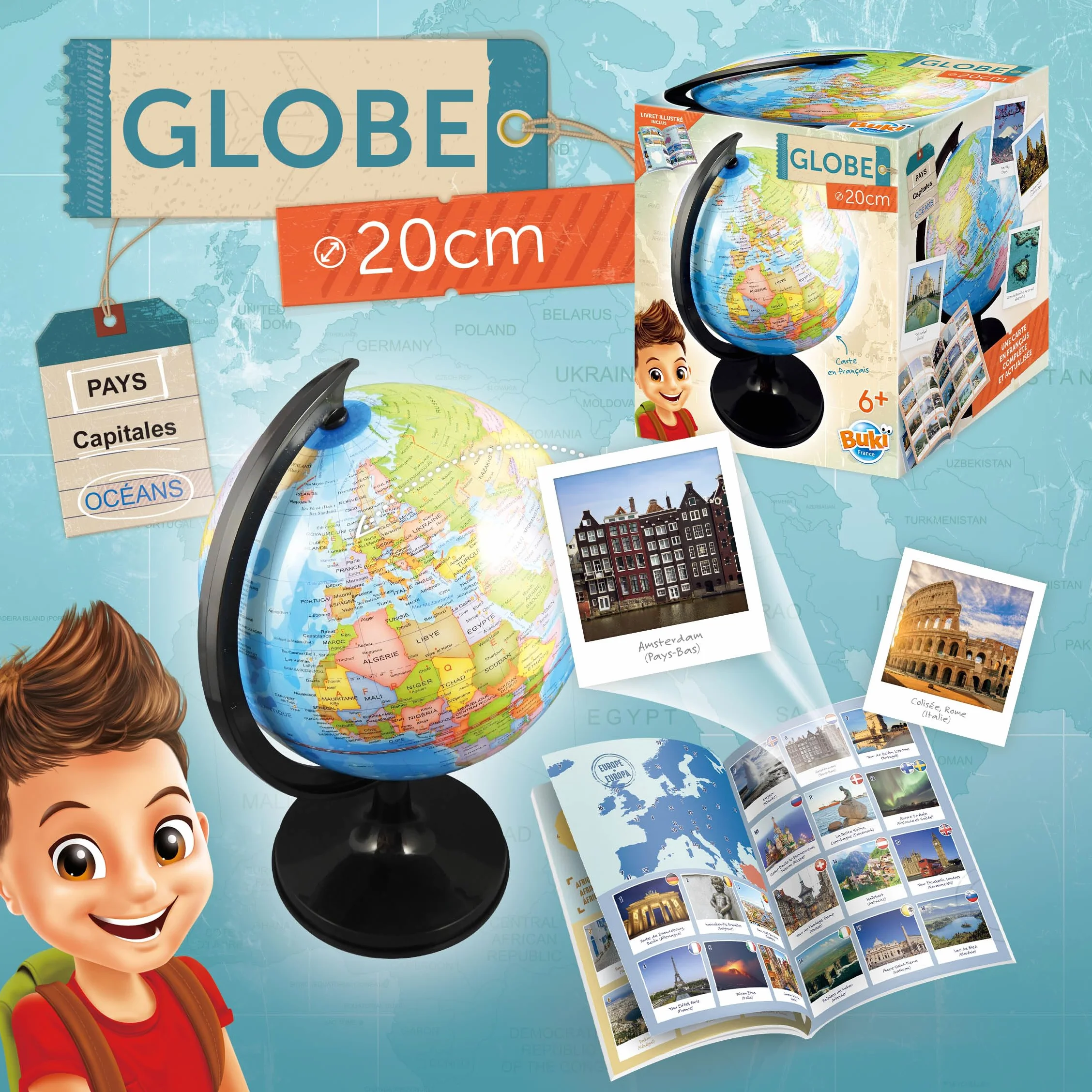 Globe Terrestre 20 cm pour Enfants – Découverte Pays, Villes, Océans et Fleuves – Socle Noir Mat – Éducatif dès 6 Ans