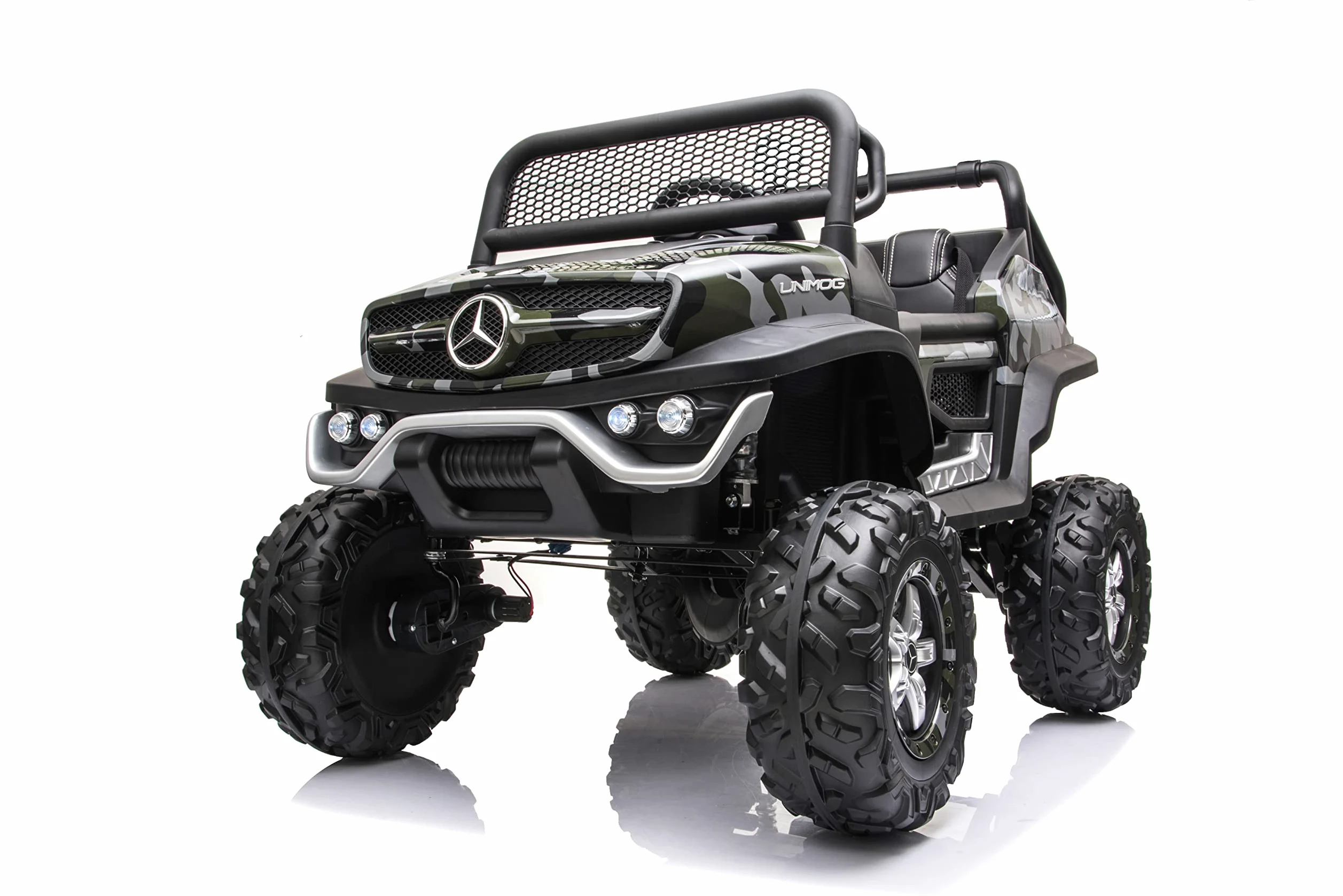 FINOOS Buggy 4x4 Voiture électrique Enfant Mercedes Unimog 12V, avec télécommande 2.4Ghz, Siège en Cuir et Roues en Gomme (EVA) 4 x Moteur 12V 45W, Batterie: 12V10Ah, 1-5 Ans (Camouflage)