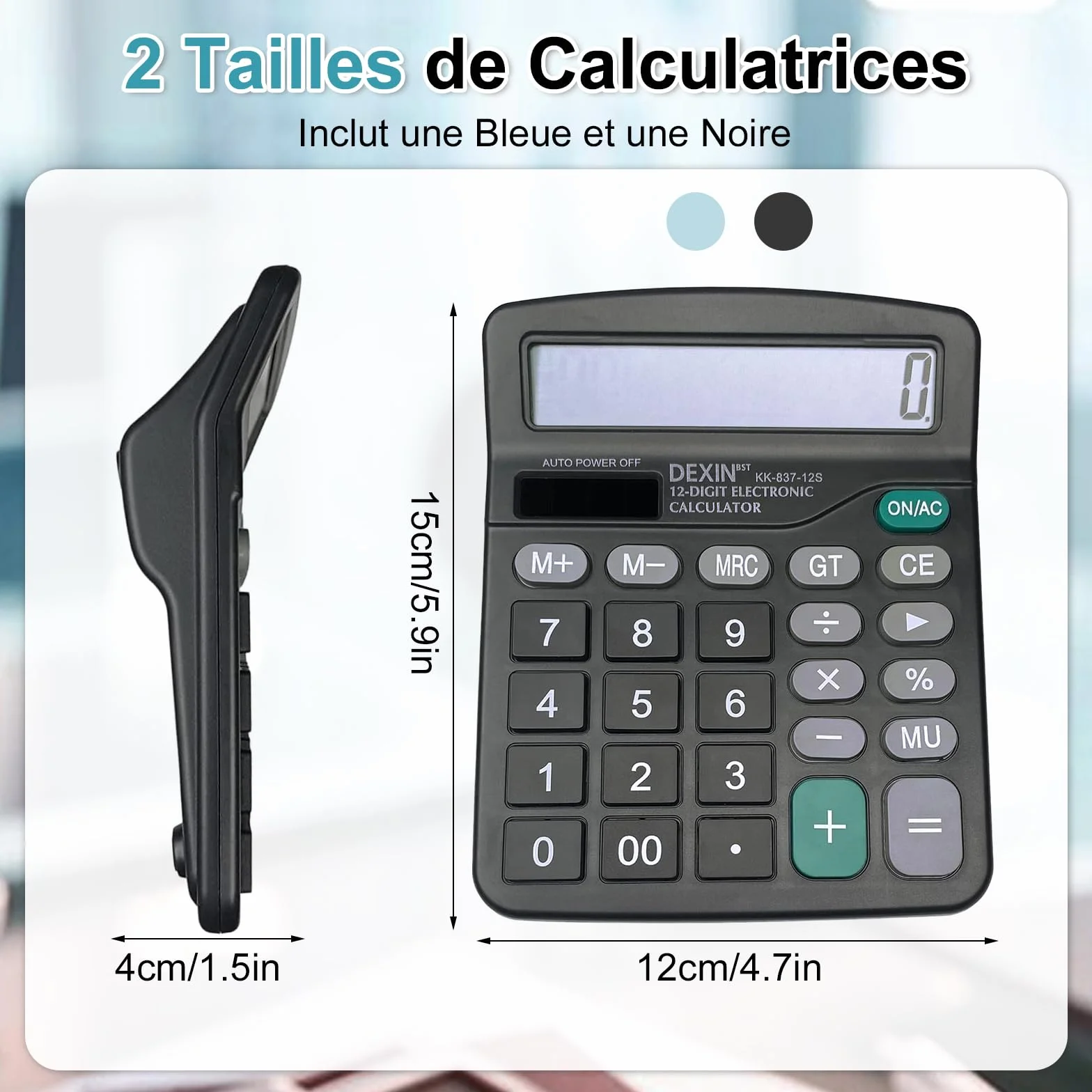 Calculatrice de Bureau 12 Chiffres Écran LCD Solaire et Batterie Grands Boutons Noir Bleu Ciel
