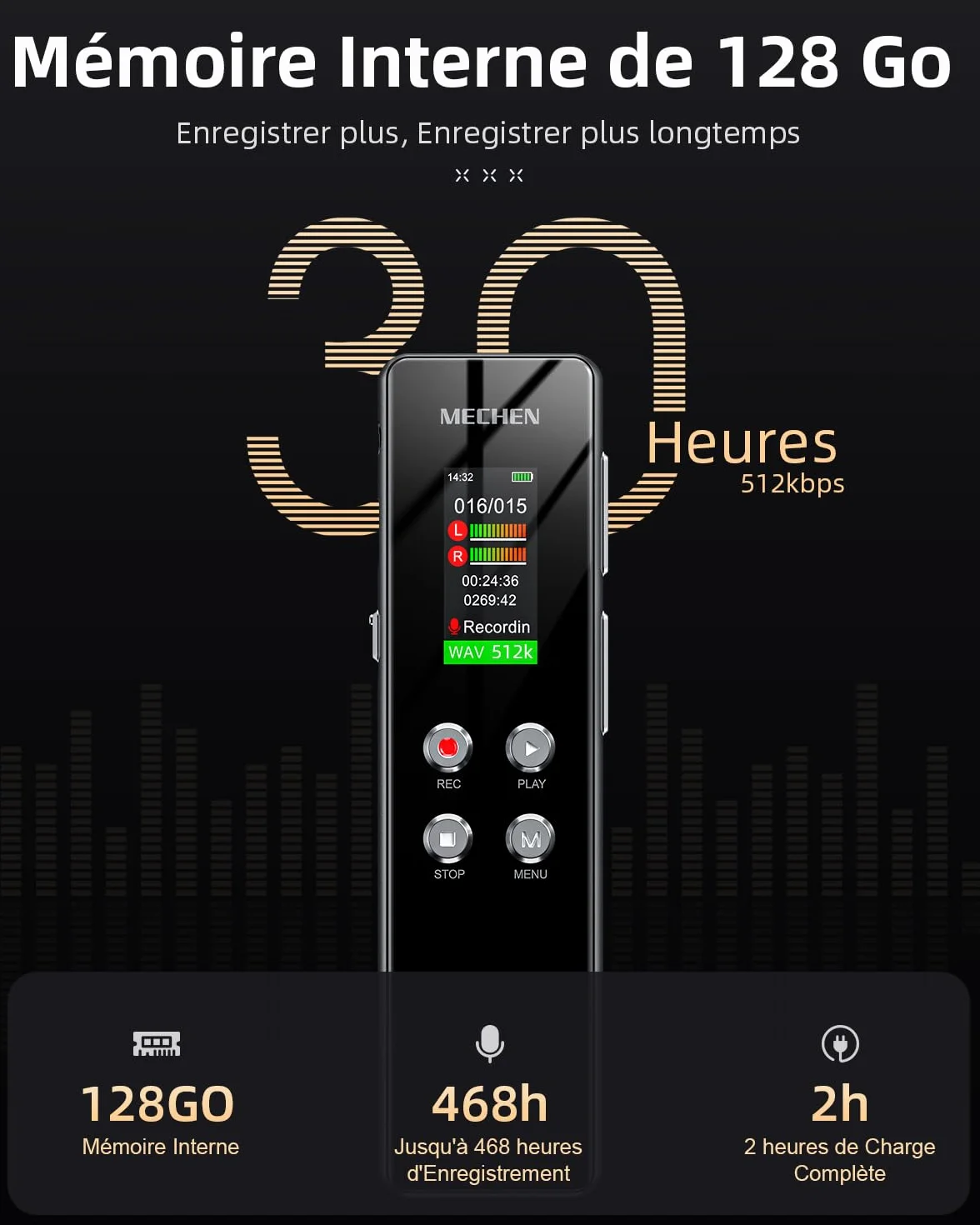 MECHEN V01 Dictaphone 128 Go enregistreur vocal VOX réduction bruit 300 mAh