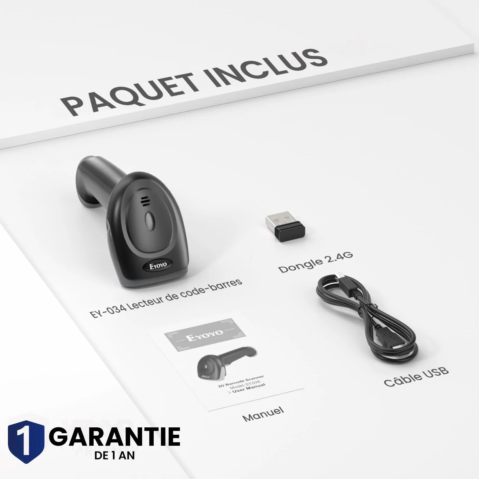 Eyoyo Douchette Code Barre 1D 2D QR Code, Lecteur Codes sans Fil Bluetooth 2,4 GHz USB Portable Gris