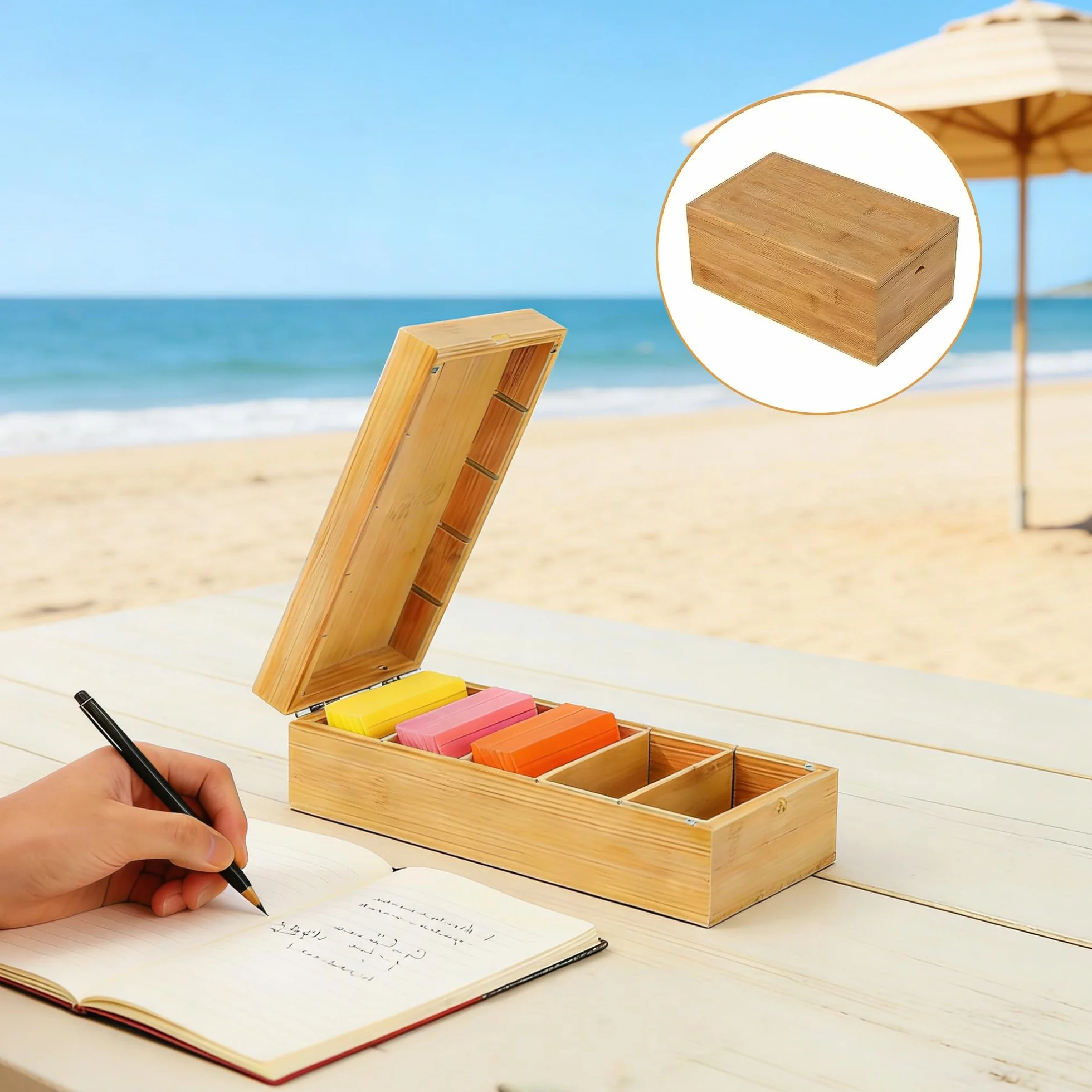 Boîte à Fiches en Bois 4 Compartiments Ajustables pour Fiches A8 22.2x9.5x7cm