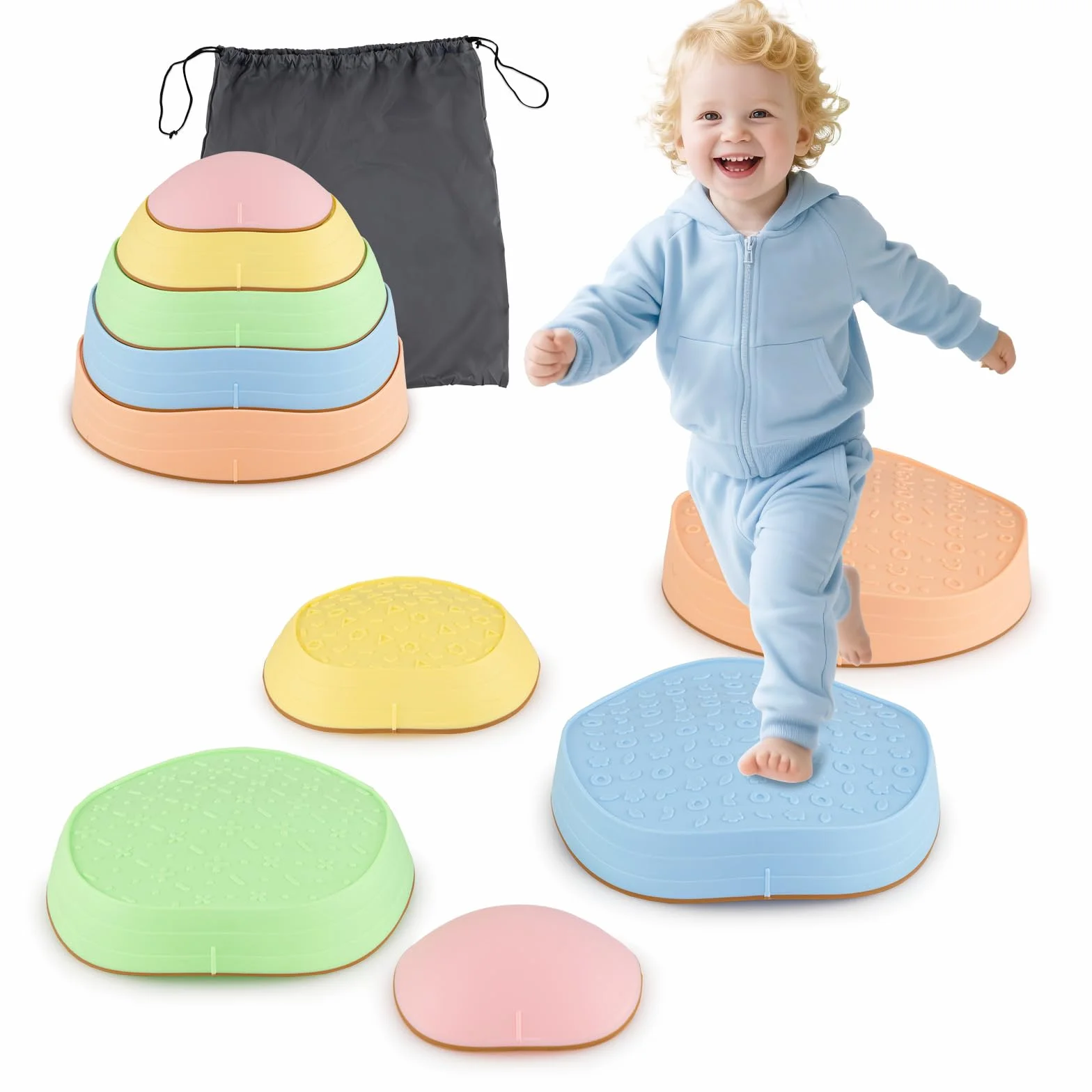 GOPLUS Pierres d'Équilibre pour Enfants, 5 Pièces Parcours de Motricité Antidérapantes Empilables avec Sac de Rangement