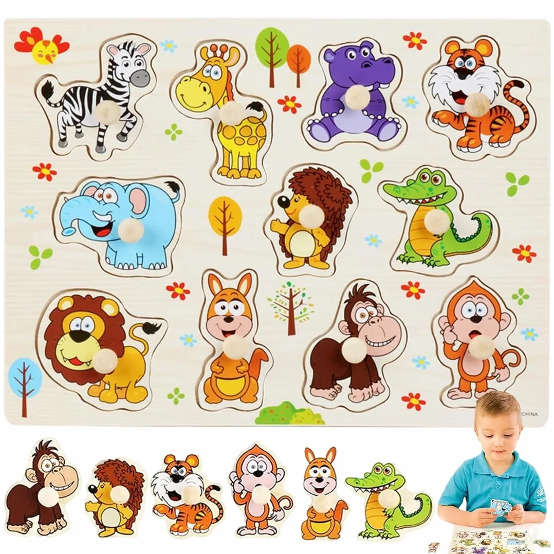 Puzzle en Bois Jouet Éducatif Animaux de la Jungle pour Enfants 1-3 Ans