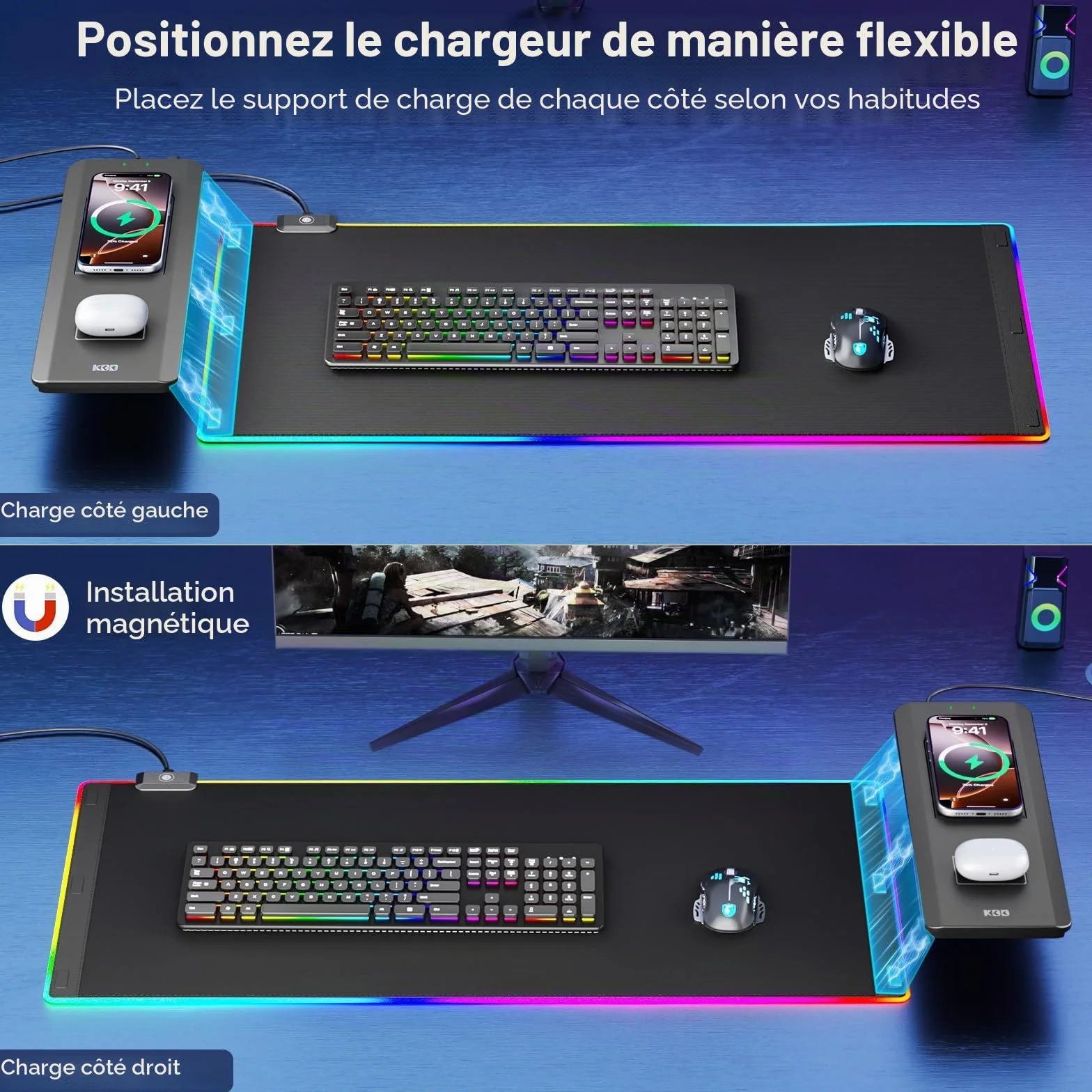 KDD Tapis de Souris avec Support Téléphone Pliable - Recharge sans Fil Rapide 15 W - sous-Main Gaming Surface Ultra-Lisse, Base Antidérapante