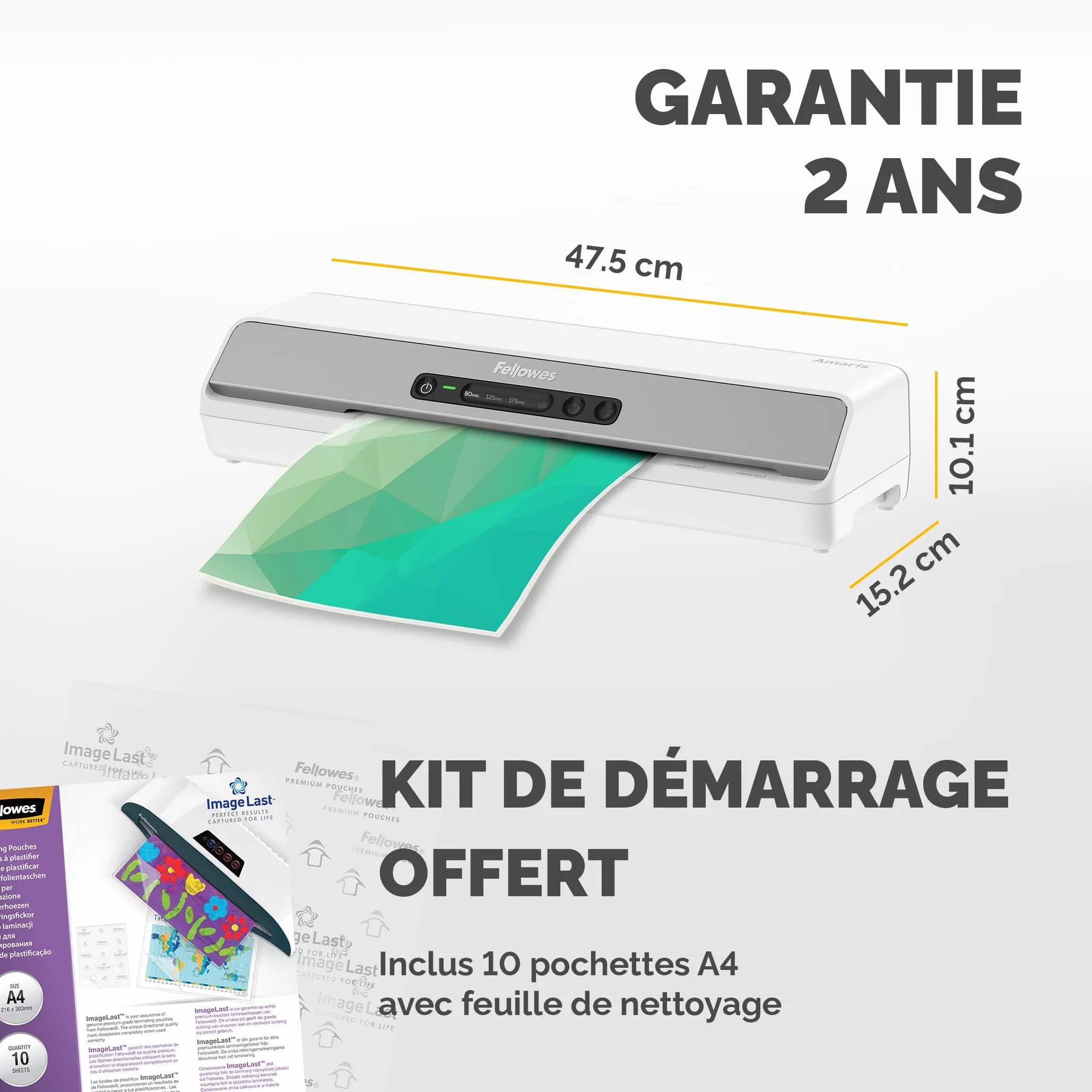 Fellowes Plastifieuse Amaris A3, Chauffe Rapide 1 Min, Arrêt Automatique, Mode Veille, InstaHeat, 80-175 Microns, 10 Pochettes A4