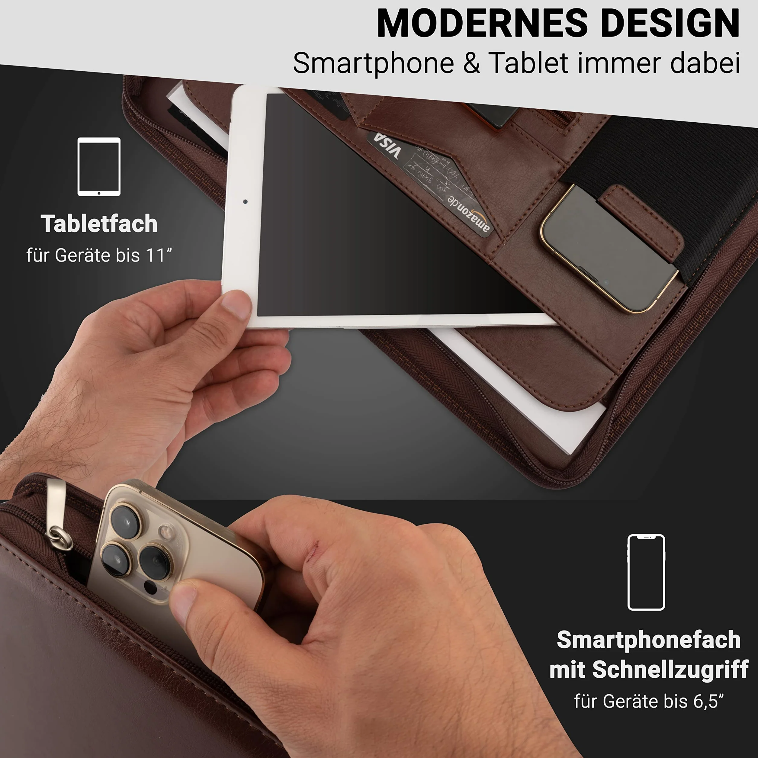 Classeur A4 Premium cuir synthétique double fermeture éclair compartiment 13 pouces tablette iPad professionnel conférence