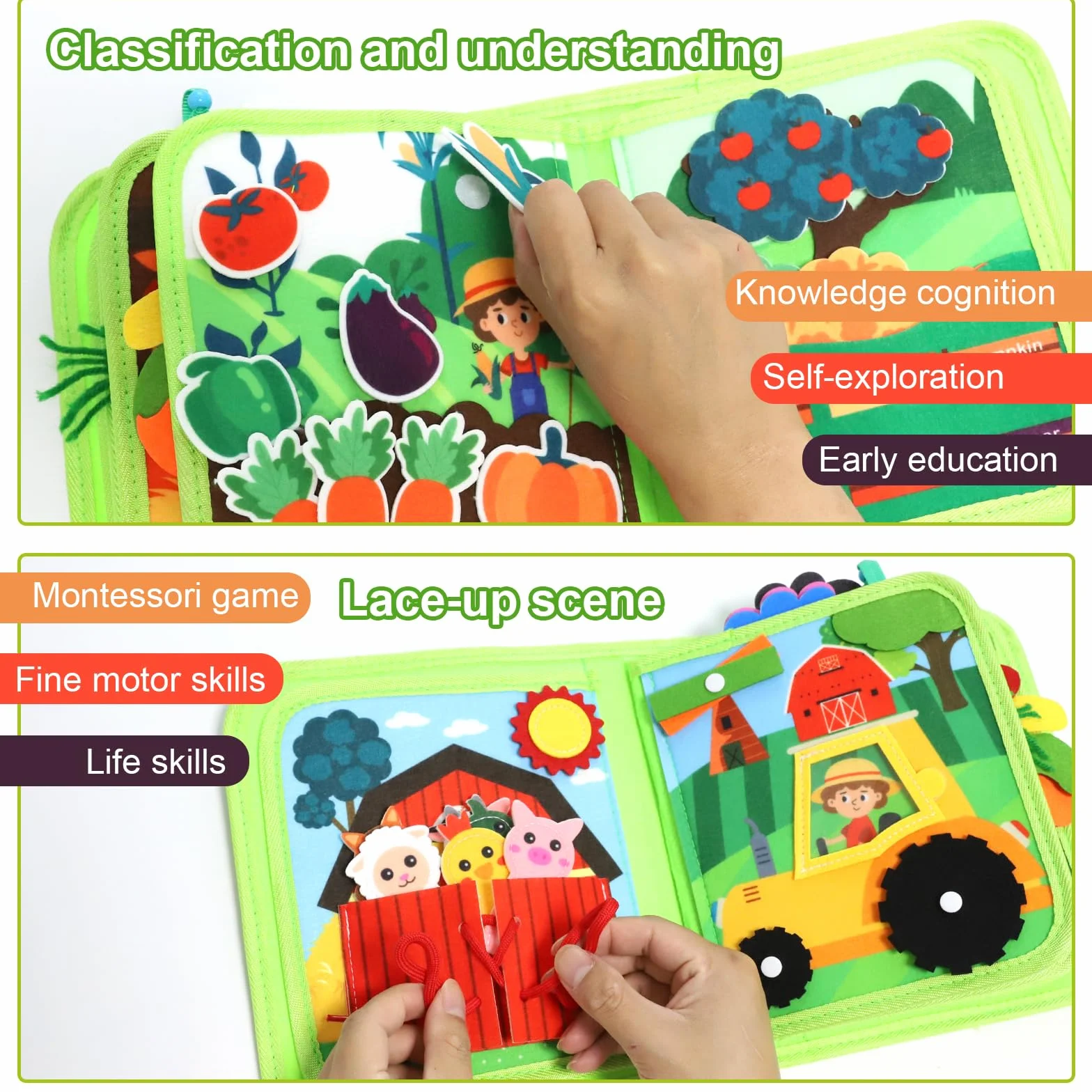 Tableau Montessori Enfants 1-3 Ans - Livre Sensoriel avec 10+ Activités Éducatives, Jouet de Voyage Portable