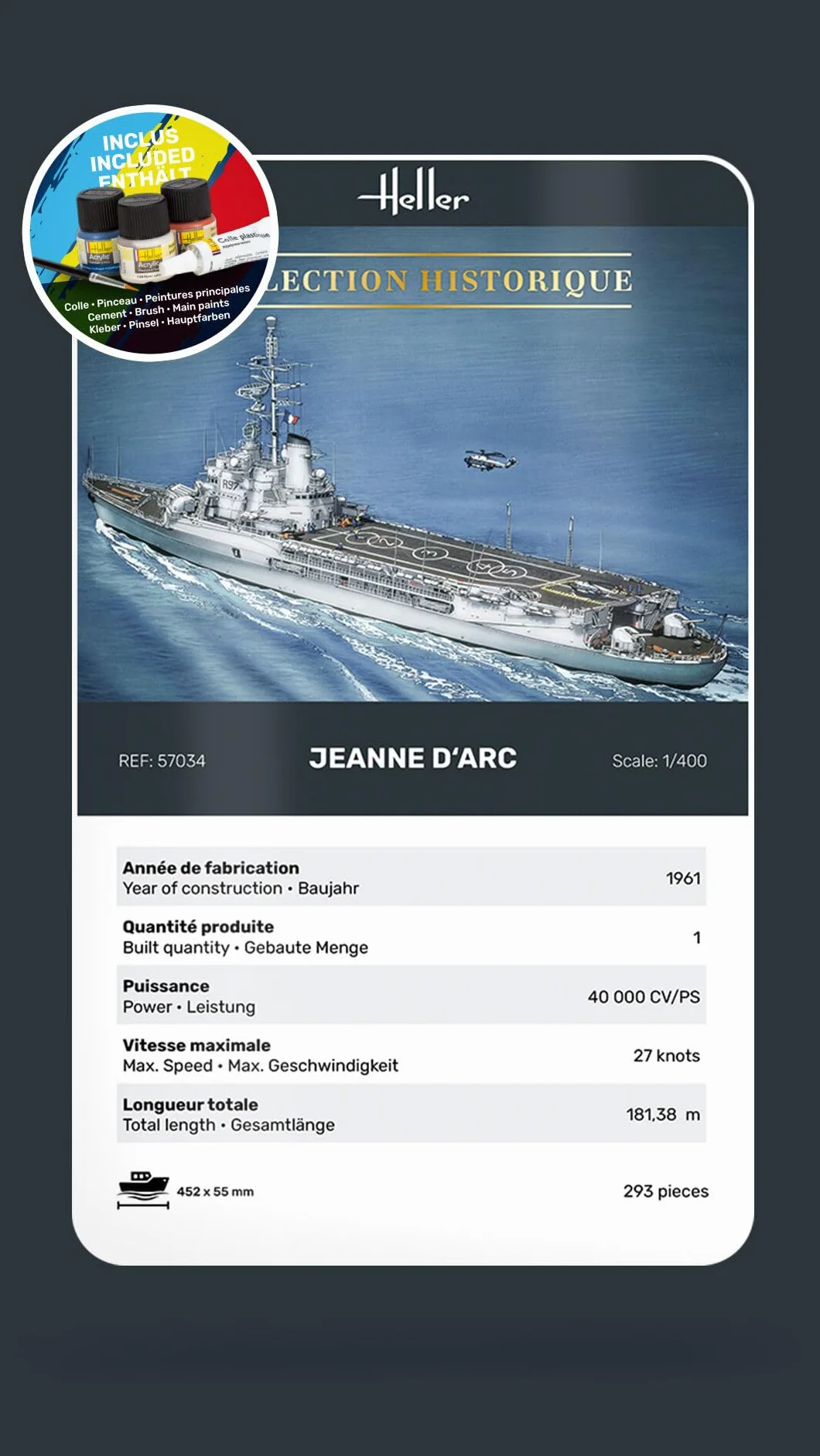 Heller Joustra Maquette Bateau Porte-Hélicoptères Jeanne d'Arc Starter Kit
