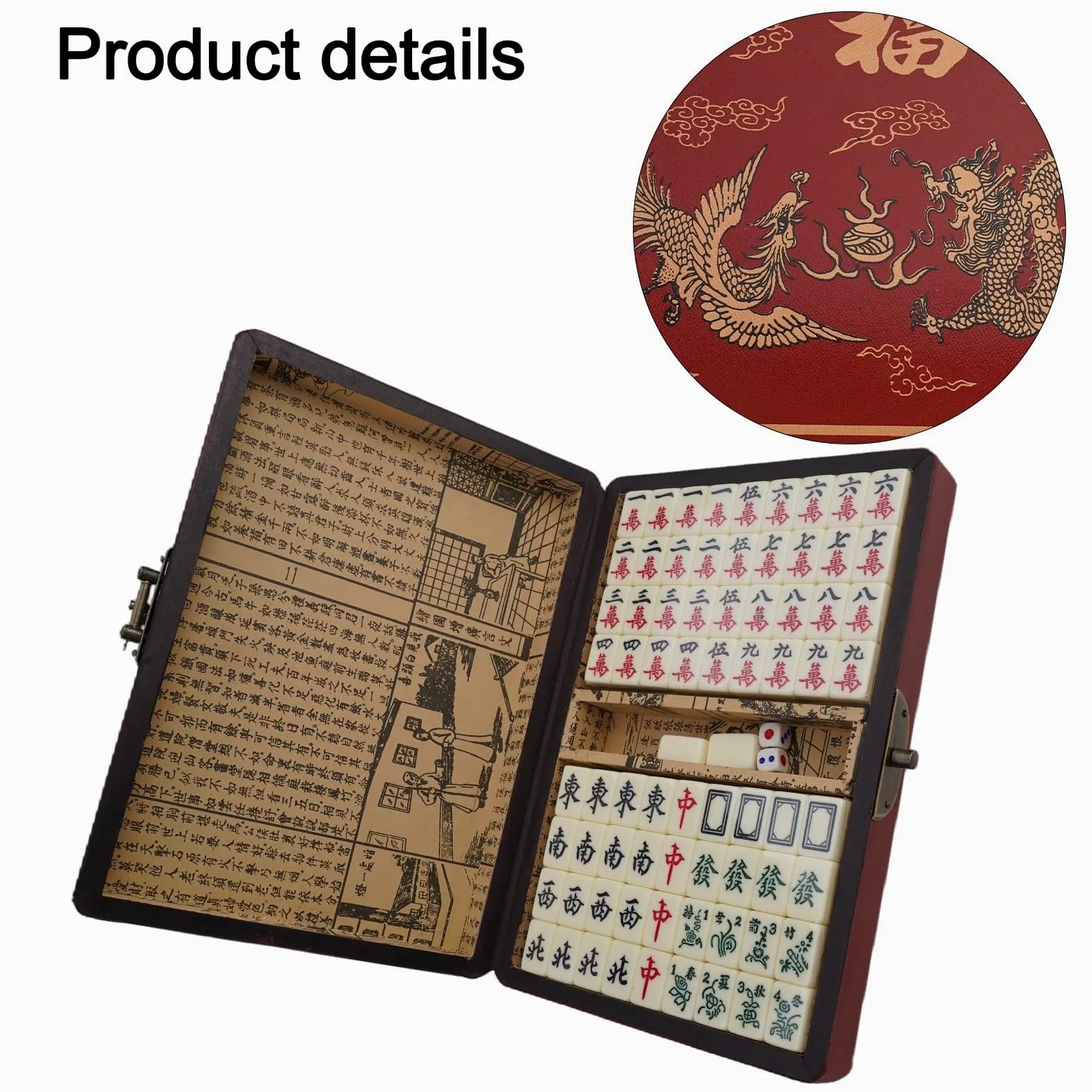 Jeu de pour mahjong Chinois 144 Tuiles avec Étui en pour bois | 144 tuiles complètes, 2 dés inclus, instructions anglaises, règles chinoises, jeu familial(without handle)