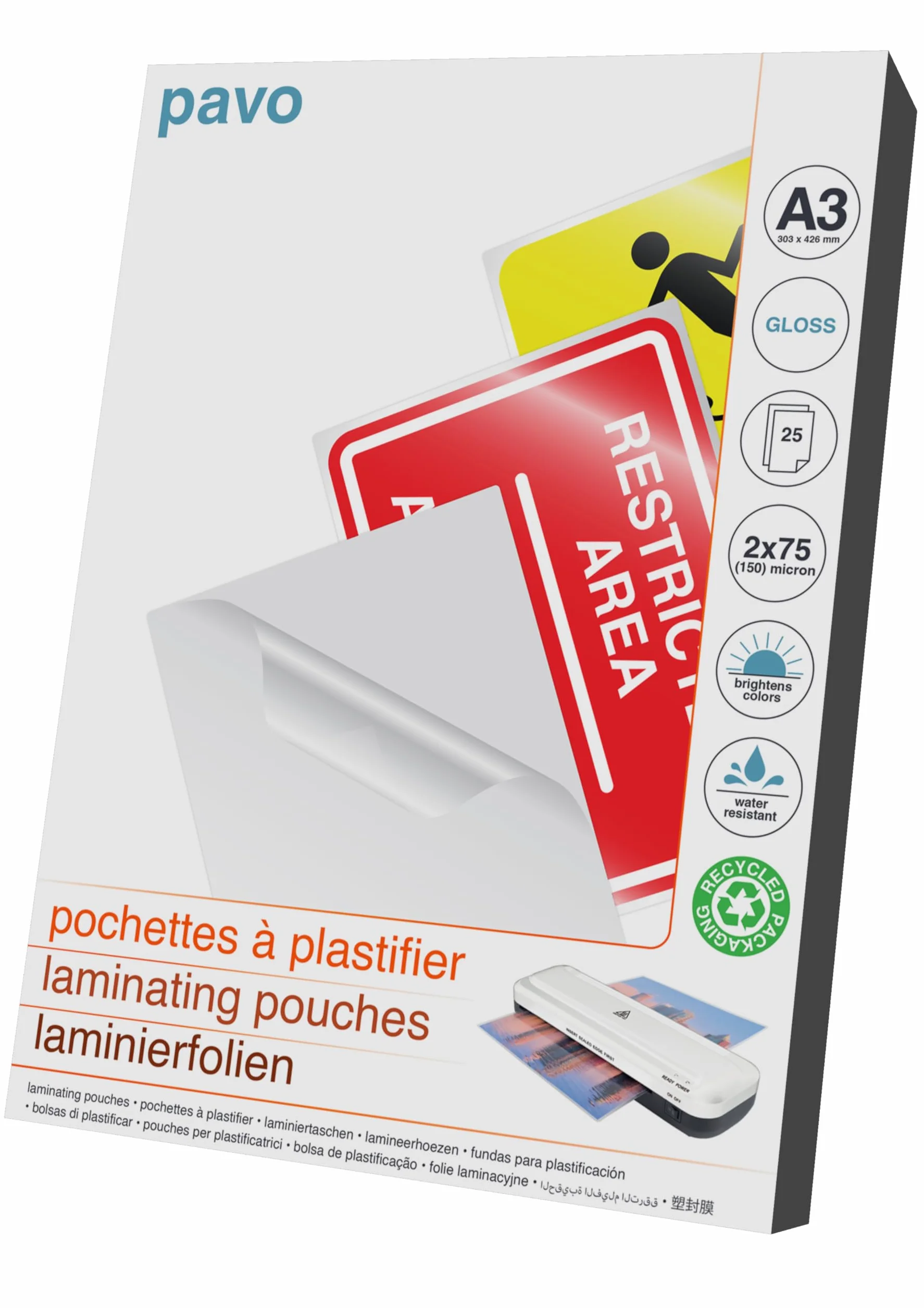 Pochettes de plastification A3 75/80 microns Brillant Pack de 25