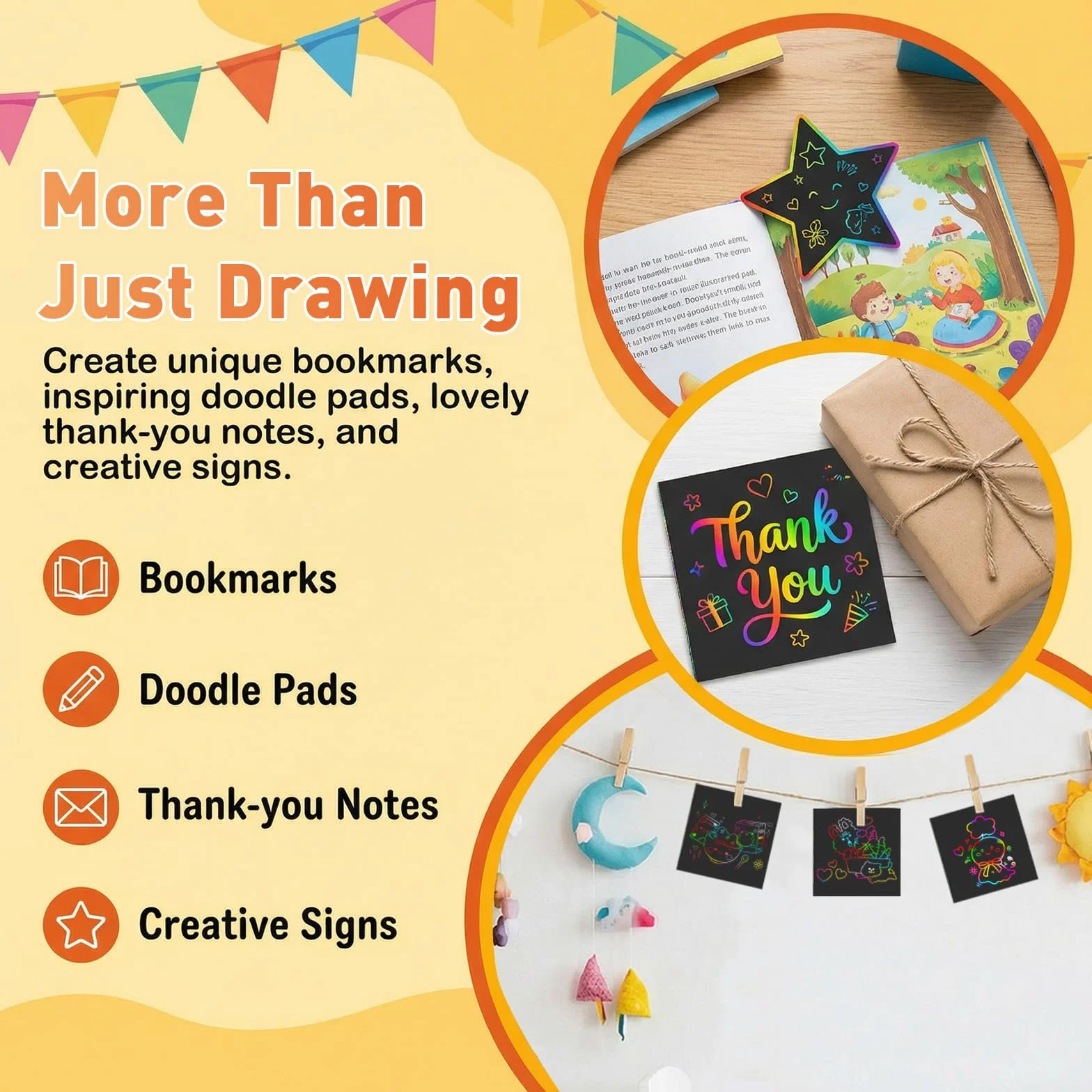 Kesote Carte a Gratter Enfant 100 Feuilles Papier Arc-en-Ciel Bricolage avec 2 Stylets en Bois Scratch Art 8x8cm