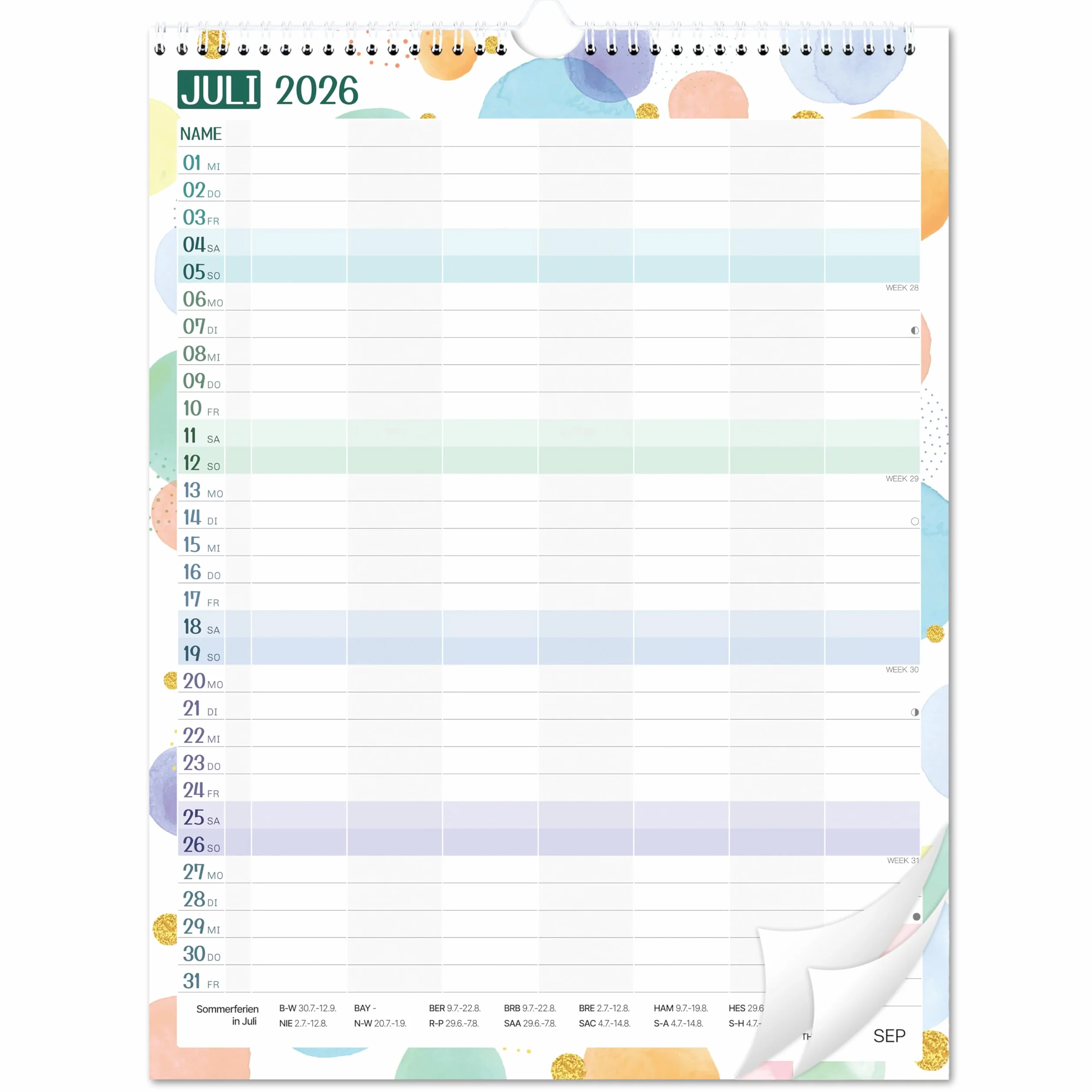 Planificateur familial 2026-2027 - Calendrier familial 7 colonnes juillet 2026 à décembre 2027 - 33 x 44 cm - Bulles colorées