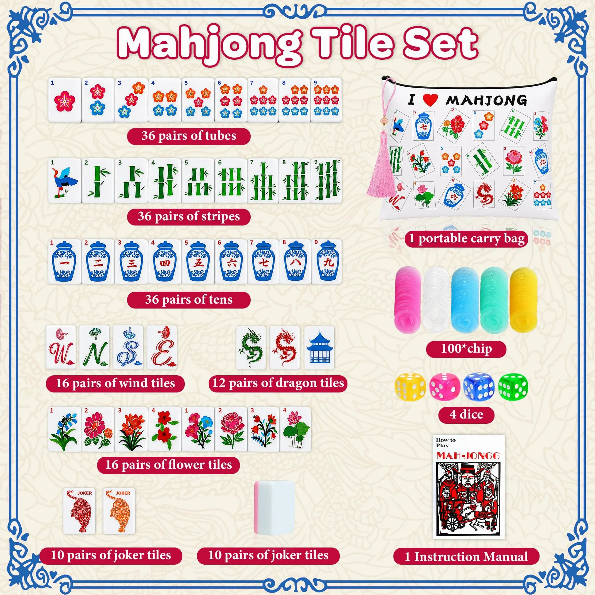 Mahjong Tile Set de 168 mahjongs avec 4 dés et sac de transport | Ensemble de mahjong portable pour voyage, fête, famille, loisirs (3 cm)