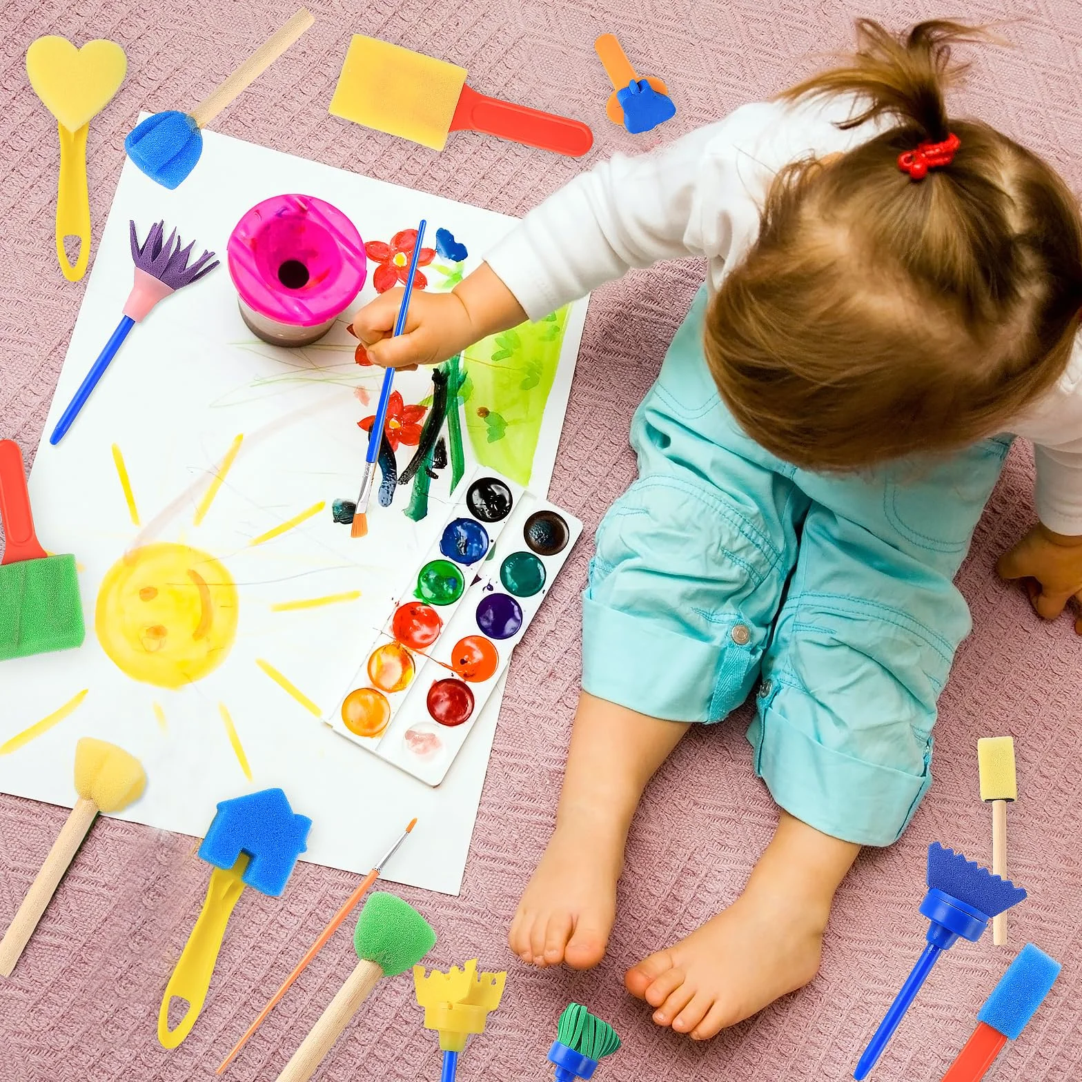 Kit Pinceau Éponge Réutilisable 30 Pièces, Brosse Peinture Enfant, Outils DIY