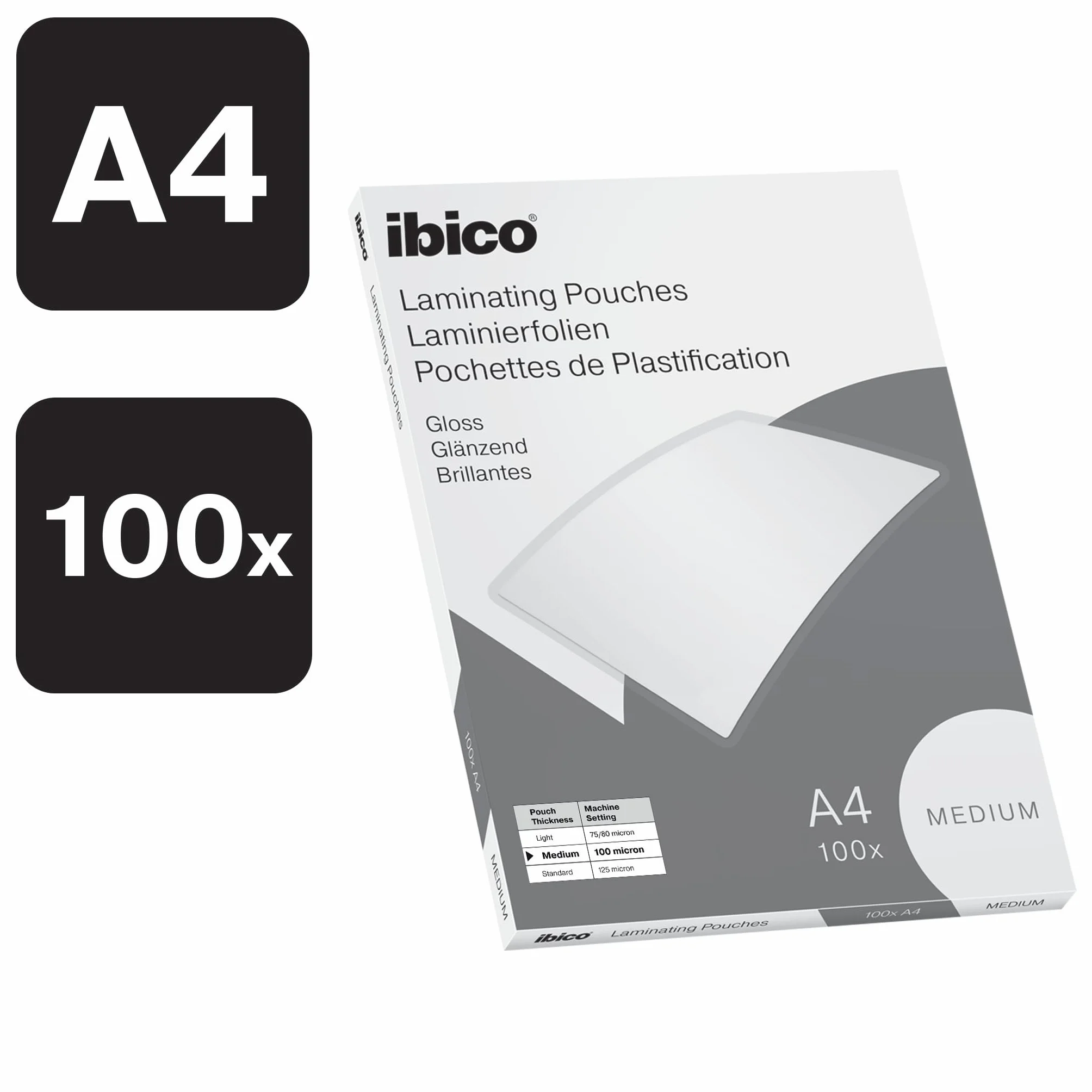 Ibico Pochette à Plastifier A4 200 Microns Brillante Coins Arrondis 21 x 29,7 cm 100 Pièces