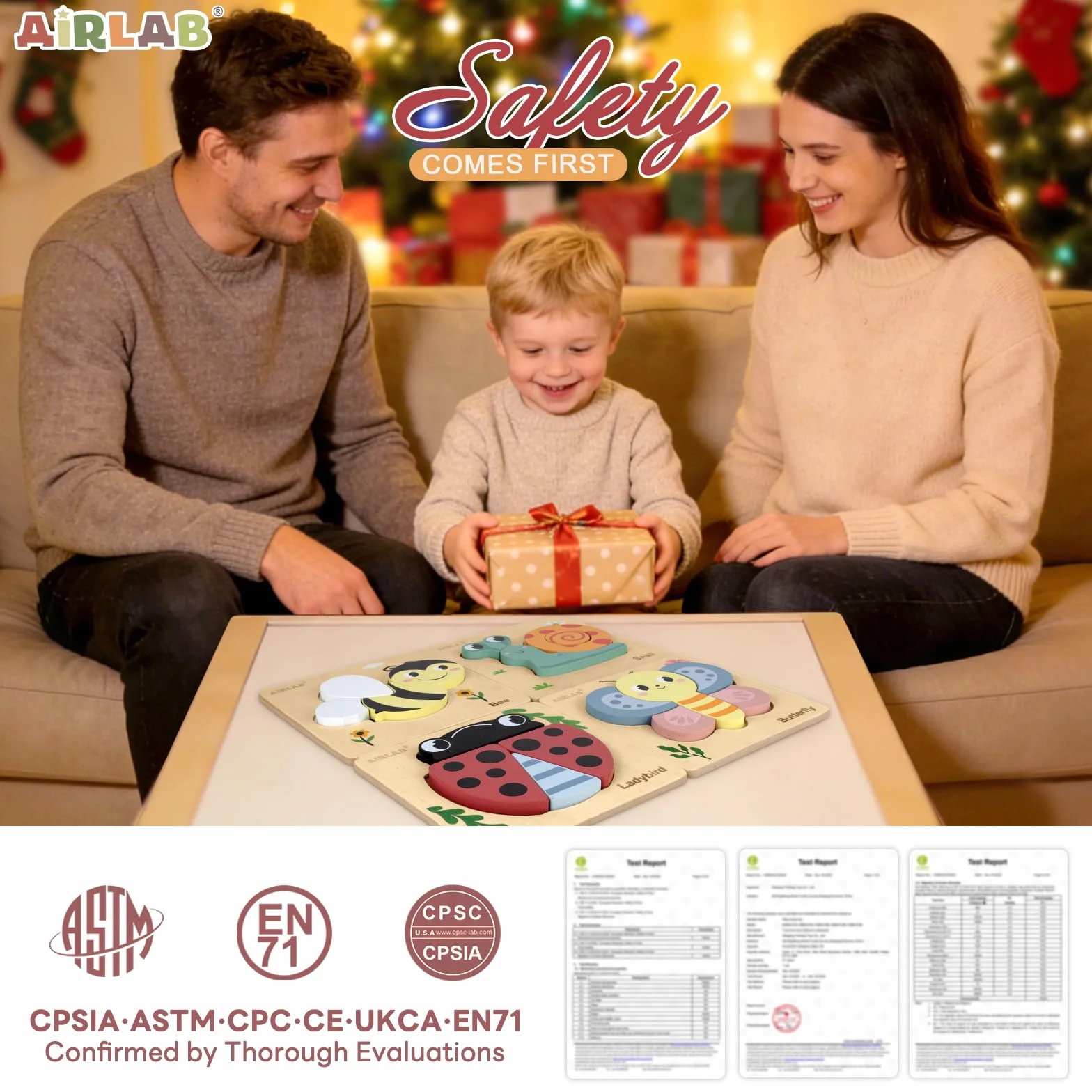 Airlab Puzzles Bois Bébé 1-4 Ans, Casse-têtes Jardin 3D avec Cadre et Sac, Jouet Éducatif Montessori