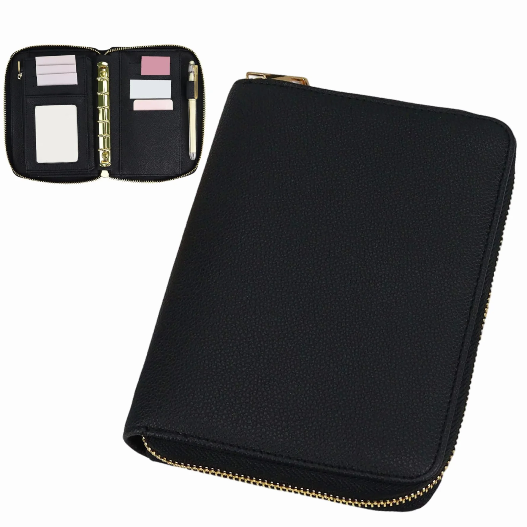 Portefeuille planificateur A7 en cuir PU avec fermeture éclair, organisateur rechargeable 6 anneaux
