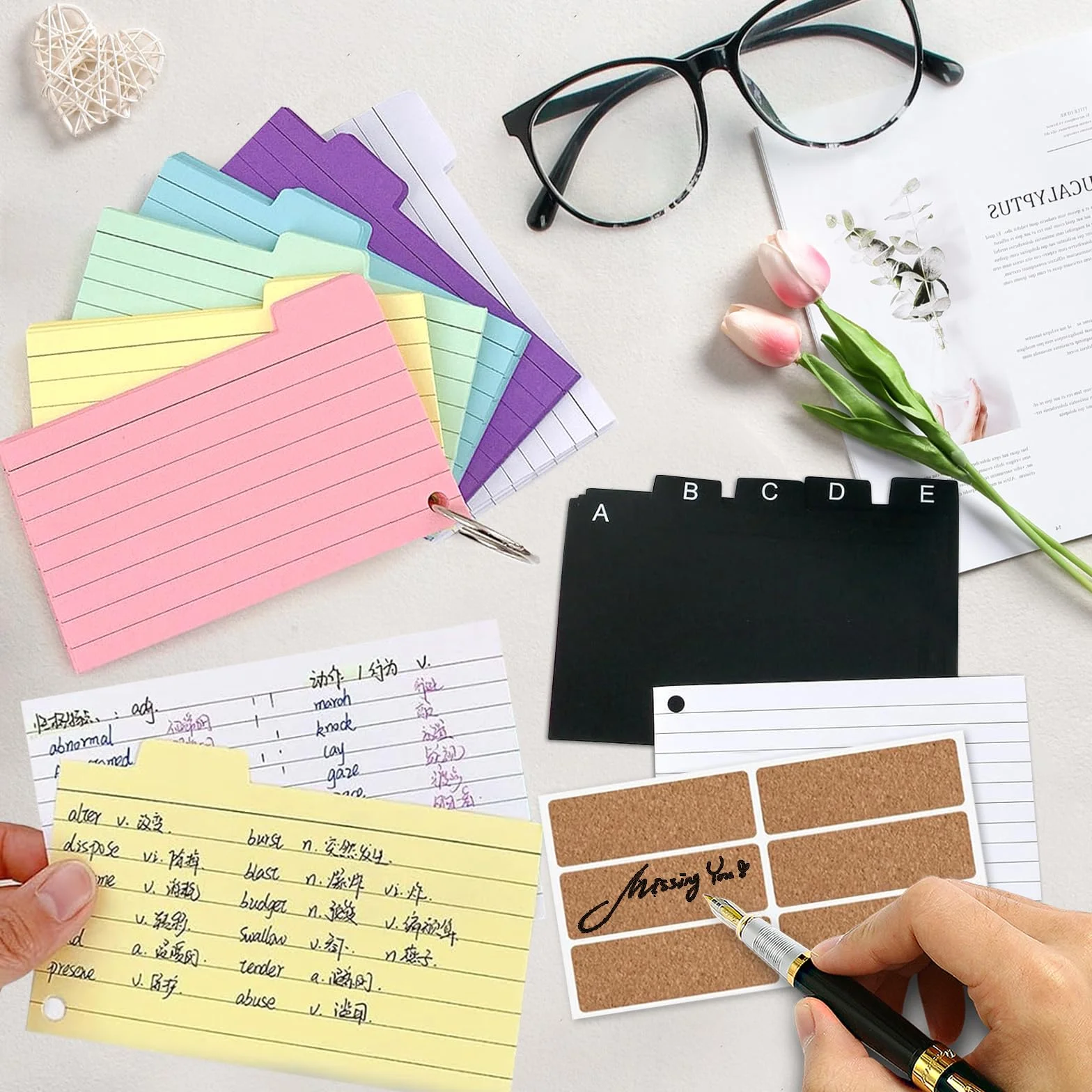 Kit de Boîtes à Fiches avec Étui Noir pour Cartes de Révision, 230 Fiches Adhésives, 15 Fiches Bristol, 15 Anneaux de Classeur