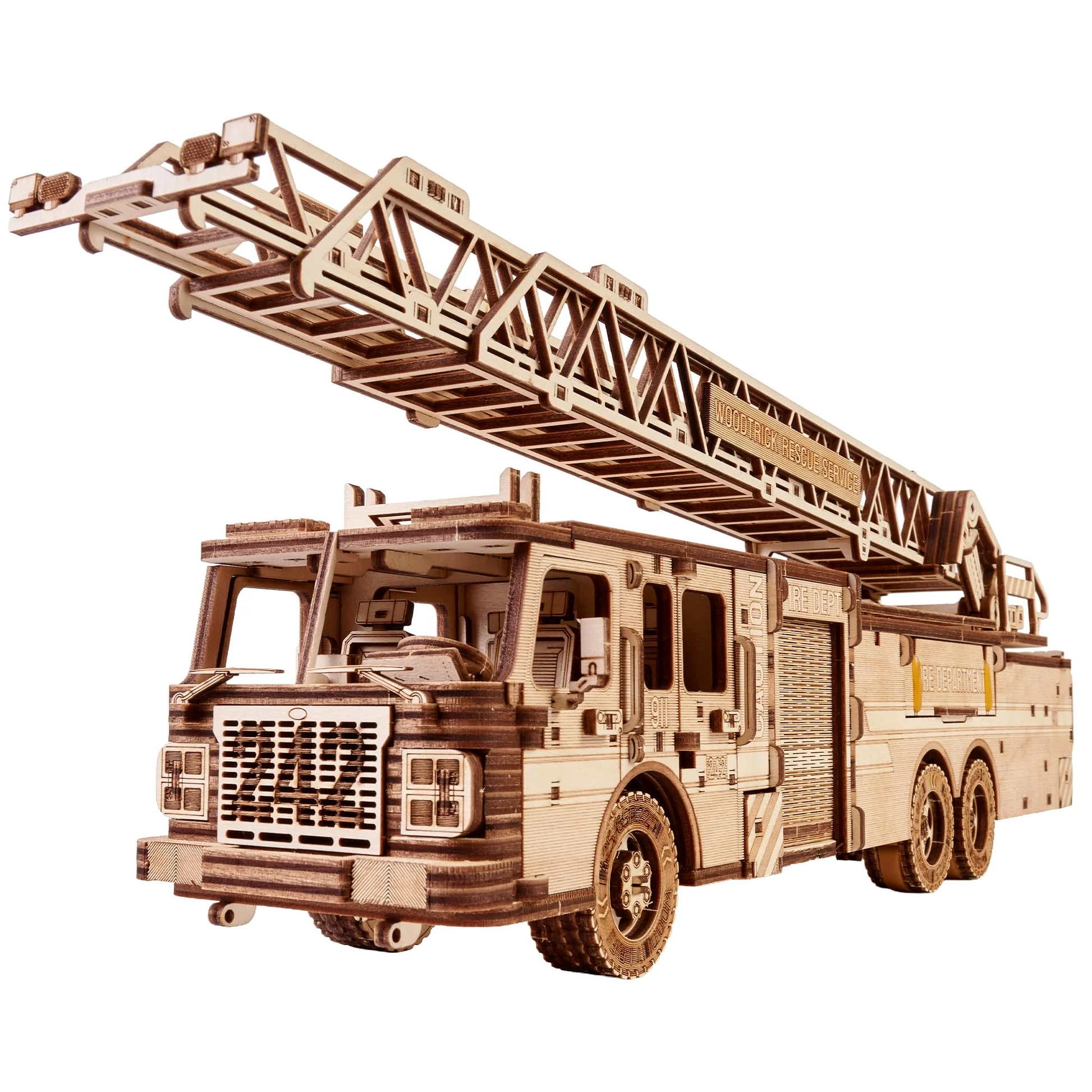 Wood Trick Rescue Firetruck Puzzle 3D en Bois pour Adultes à Construire | [636 Pièces] Roule sur 6,1 m - Kit de Maquette Mécanique de Locomotive en Bois DIY à Construire pour Adultes