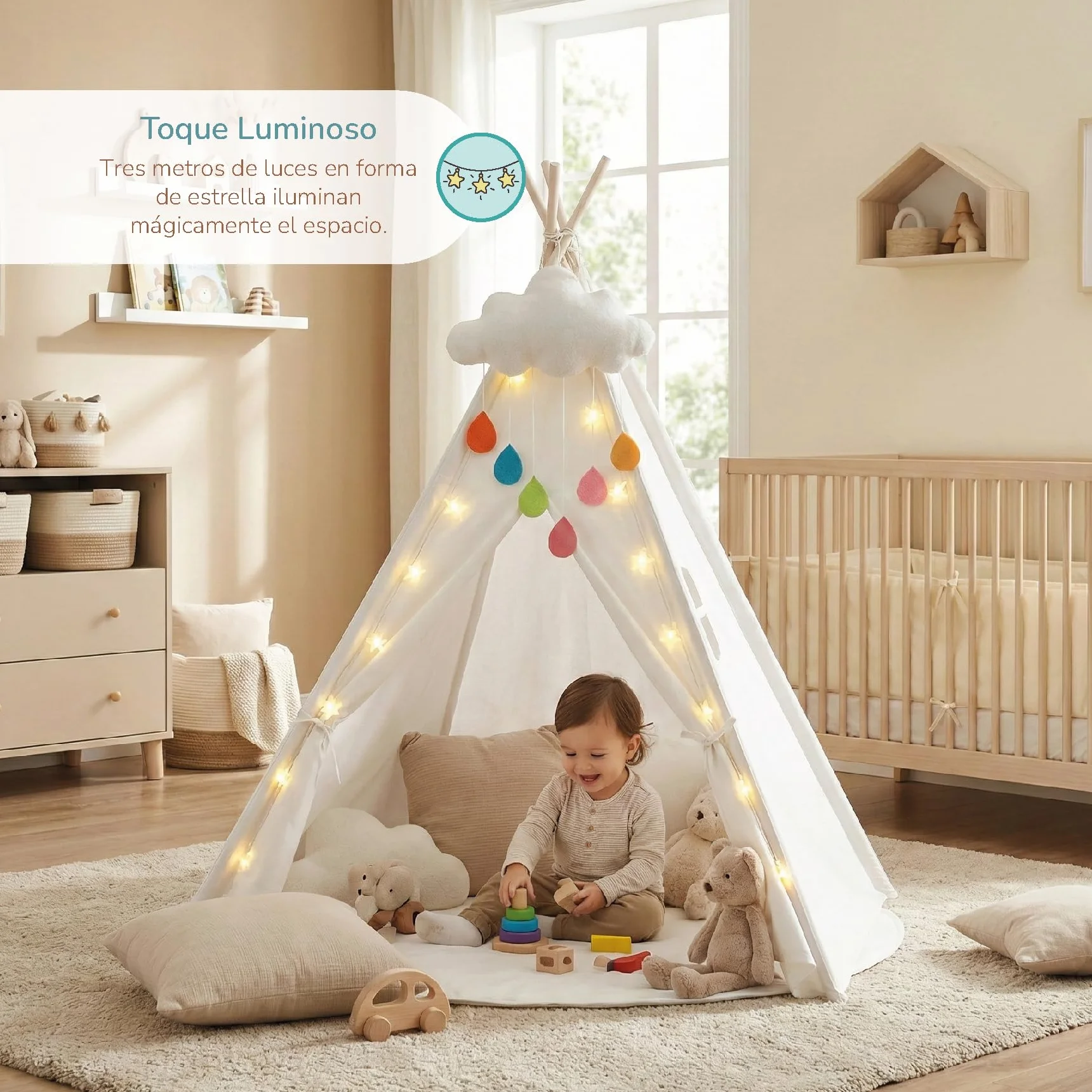 Buddy Baby Tipi Tente lit bébé avec lumières étoile et peluche nuage – Tapis sol rembourré jeu intérieur extérieur