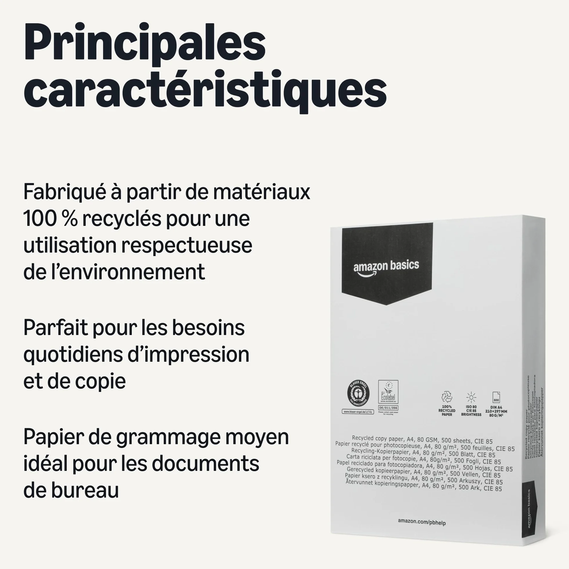 Amazon Basics papier A4 80g recyclé carton 5 ramettes 2500 feuilles