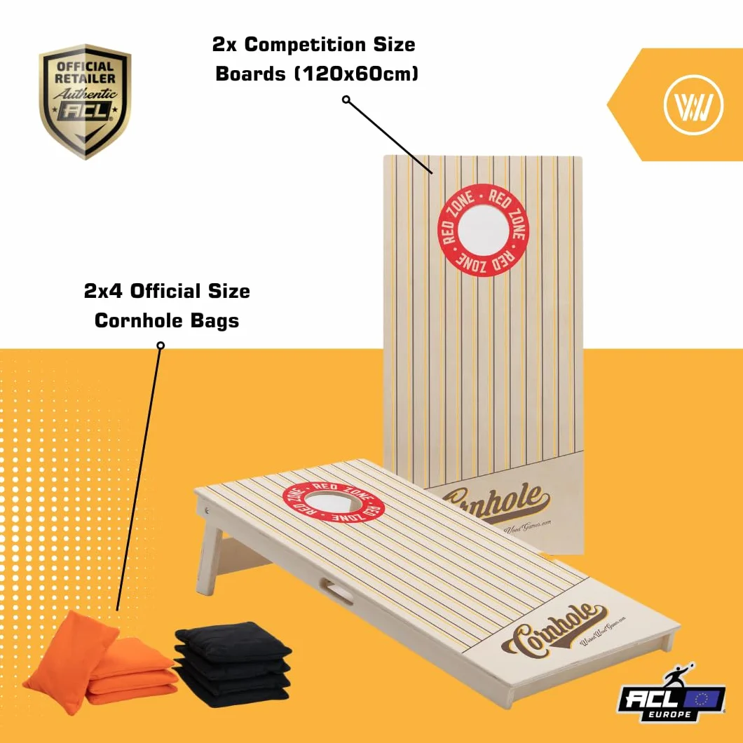 Wicked Wood Games Ensemble de cornhole officiel 120 x 60 cm – Taille compétition – Produit sous licence ACL – Comprend 2 planches + 2 x 4 sacs (orange et noir) – Impression UV – Bois massif –