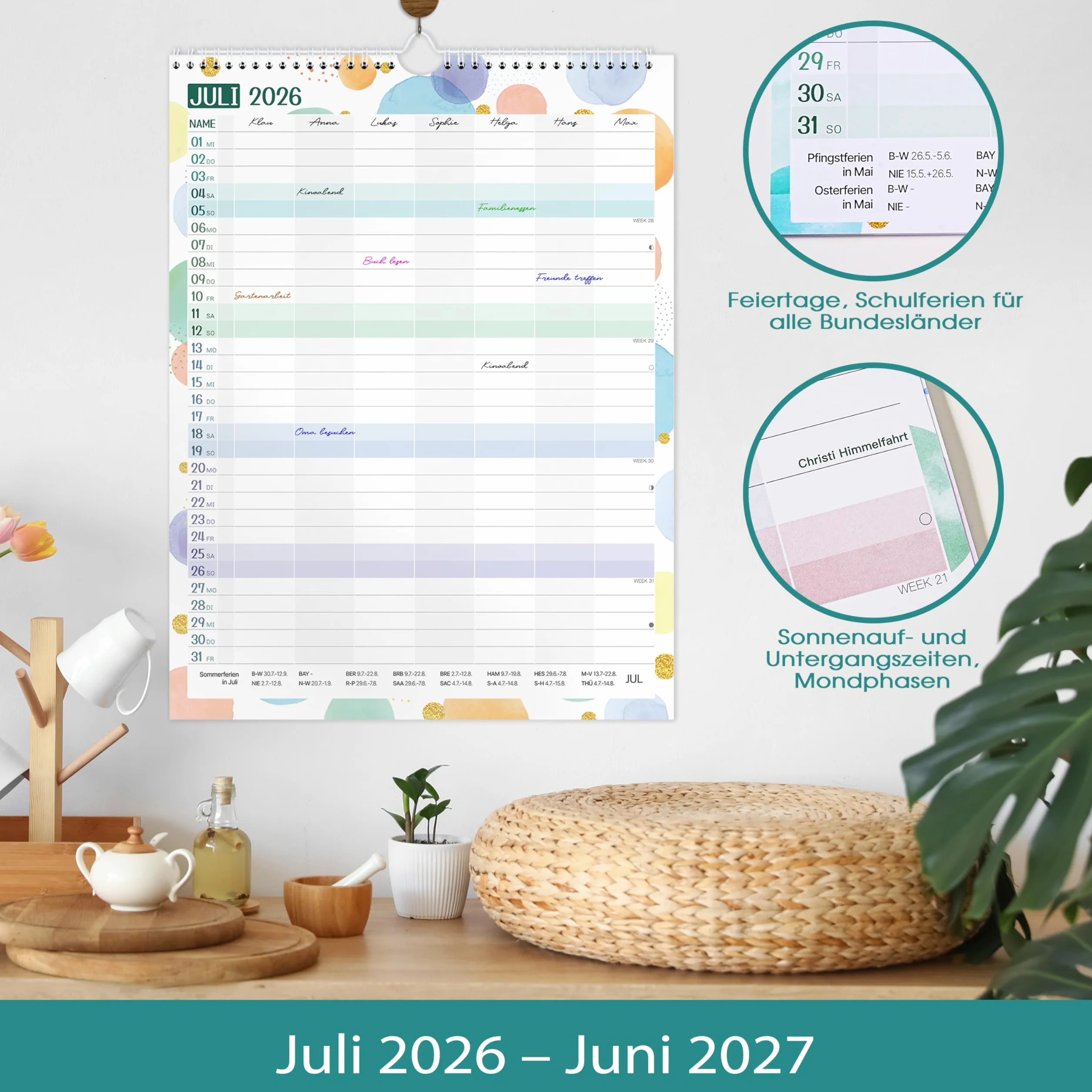 Planificateur familial 2026-2027 - Calendrier familial 7 colonnes juillet 2026 à décembre 2027 - 33 x 44 cm - Bulles colorées