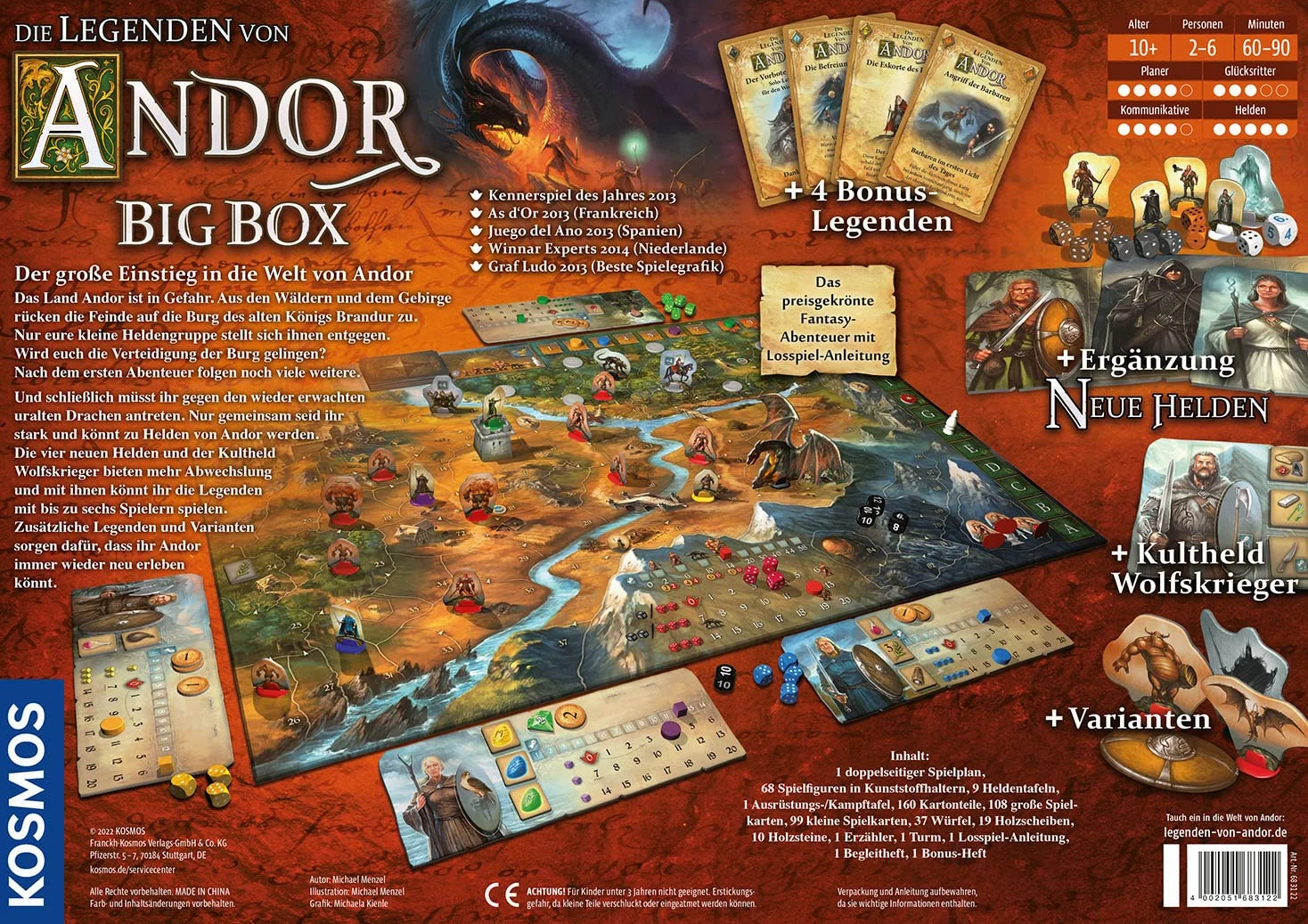 Kosmos Andor 683122 Les légendes d'Andor – Jeu de Base (connaisseurs de l'année 2013) et complément supplémentaire, Jeu de société coopératif Fantaisie à partir de 10 Ans