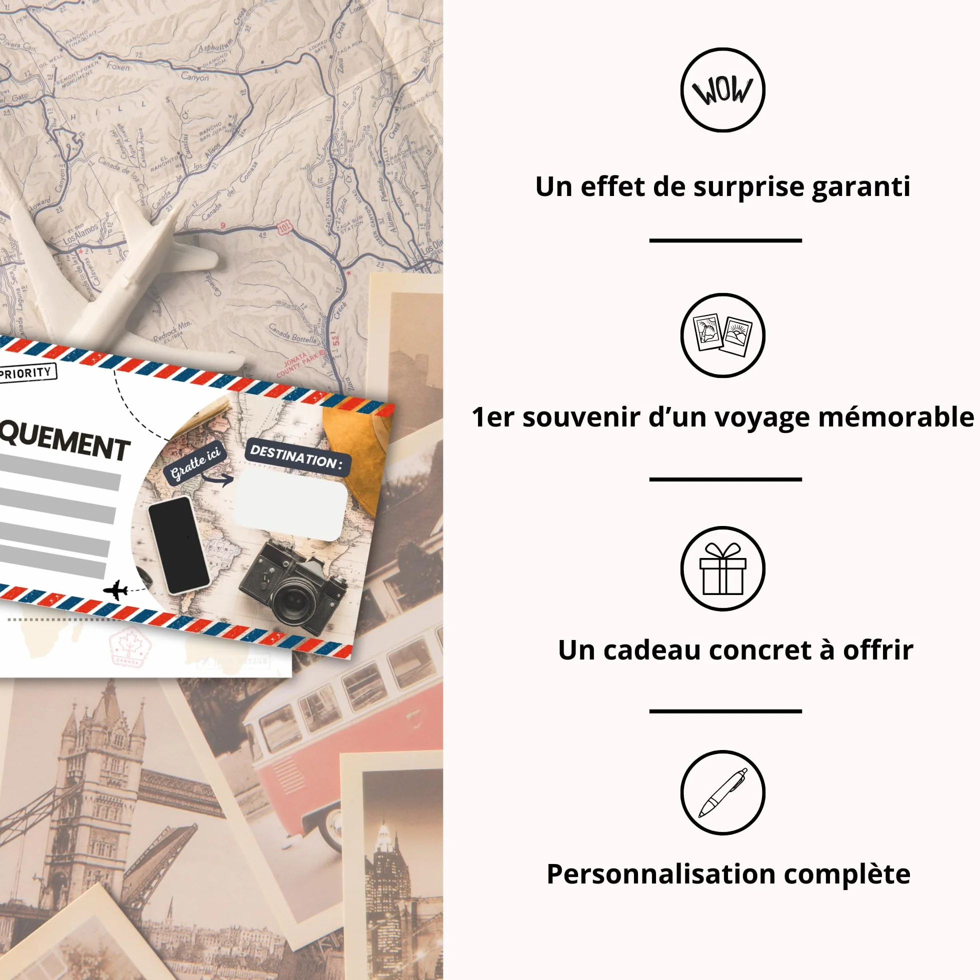 Carte à Gratter Voyage Surprise Personnalisable en Français - Billet d'Avion Annonce Cadeau Anniversaire Noël EVJF EVG - Pack de 2