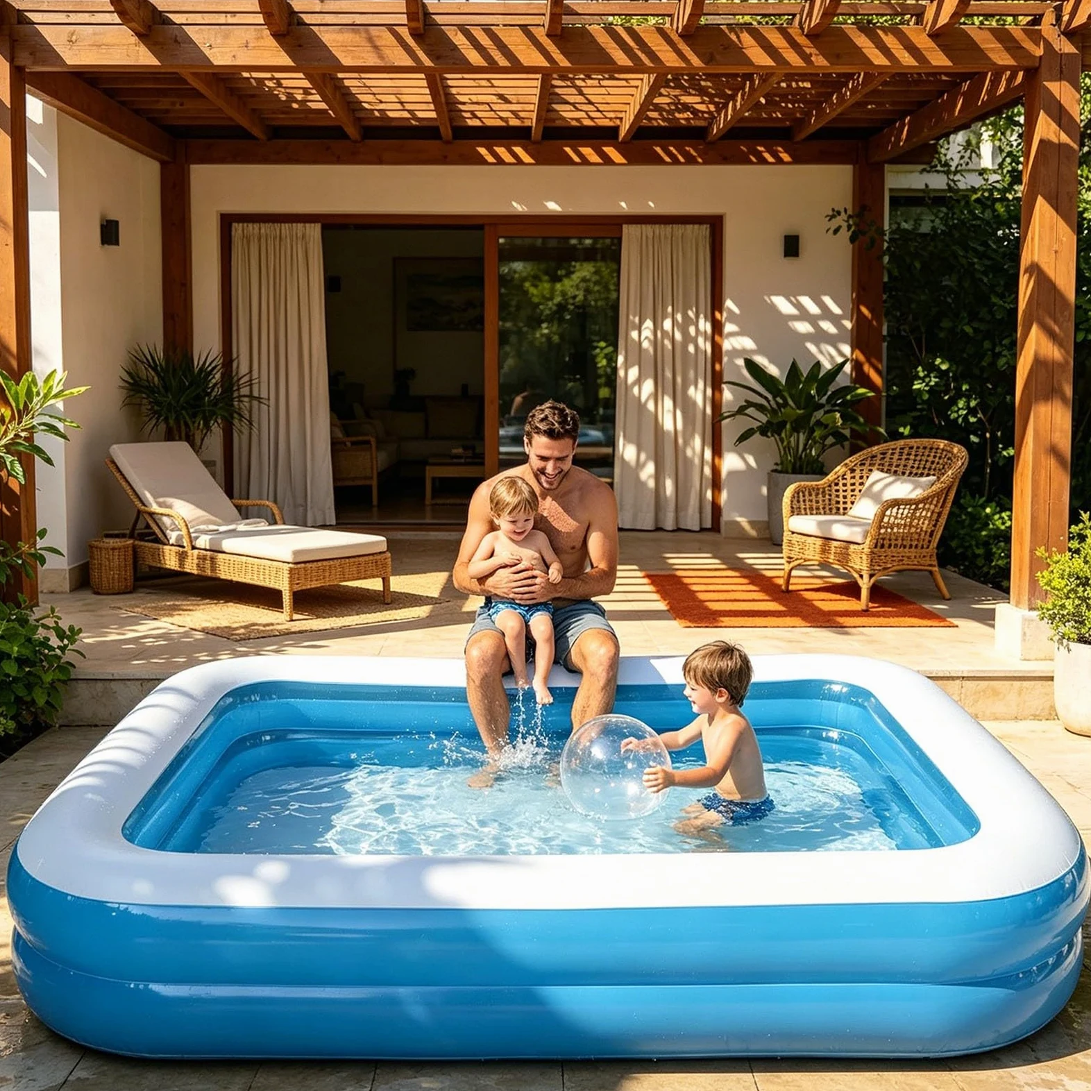 Piscine Gonflable Familiale Rectangulaire, Piscine pour Jardin 200x150x50cm Anti-éclatement, Spacieuse pour Enfants et Adultes, Idéale pour Été et Activités Extérieures