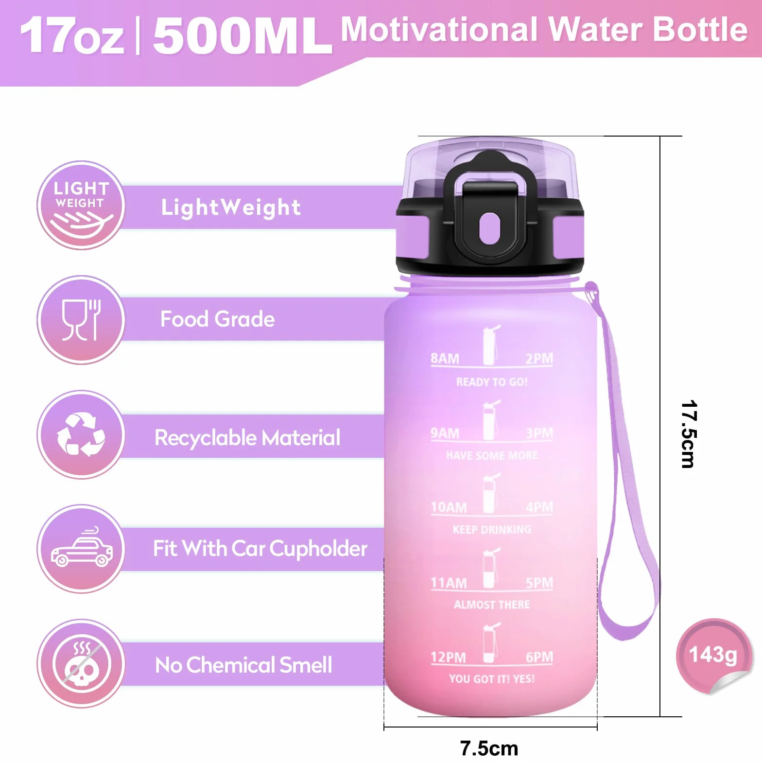 KollyKolla Gourde Enfant 500ml avec Paille sans BPA, Gourde Sport avec Marqueur de Temps, Bouteille d'eau Étanche Réutilisable