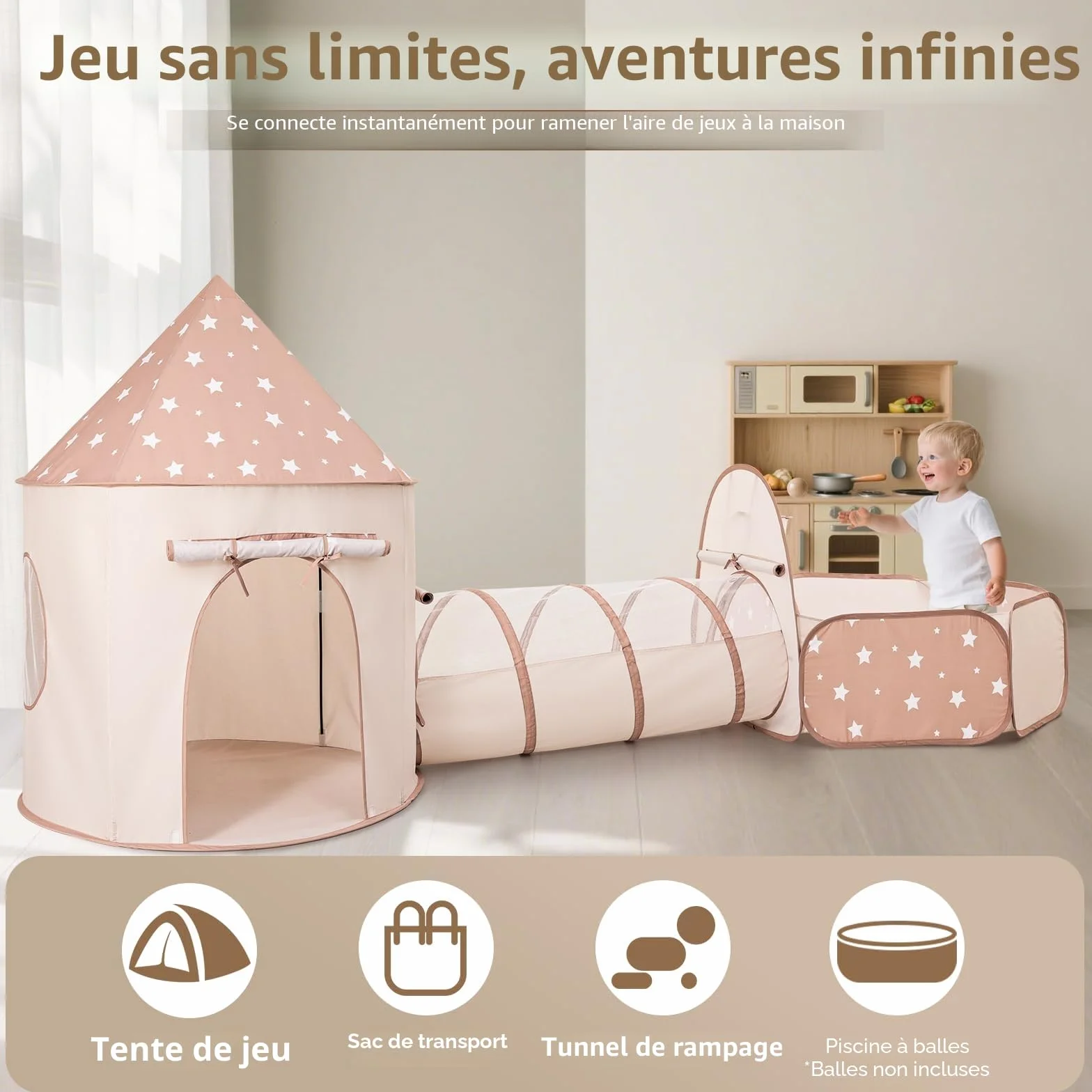 Tente de Jeu Enfants Intérieur 3-en-1 Pop Up Pliable avec Tunnel et Piscine à balles