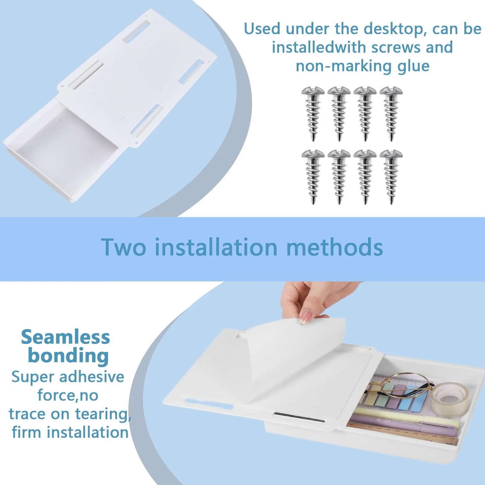 Organisateur Sous Bureau 2 Tiroirs Cachés Adhésifs Double Fixation Plastique ABS