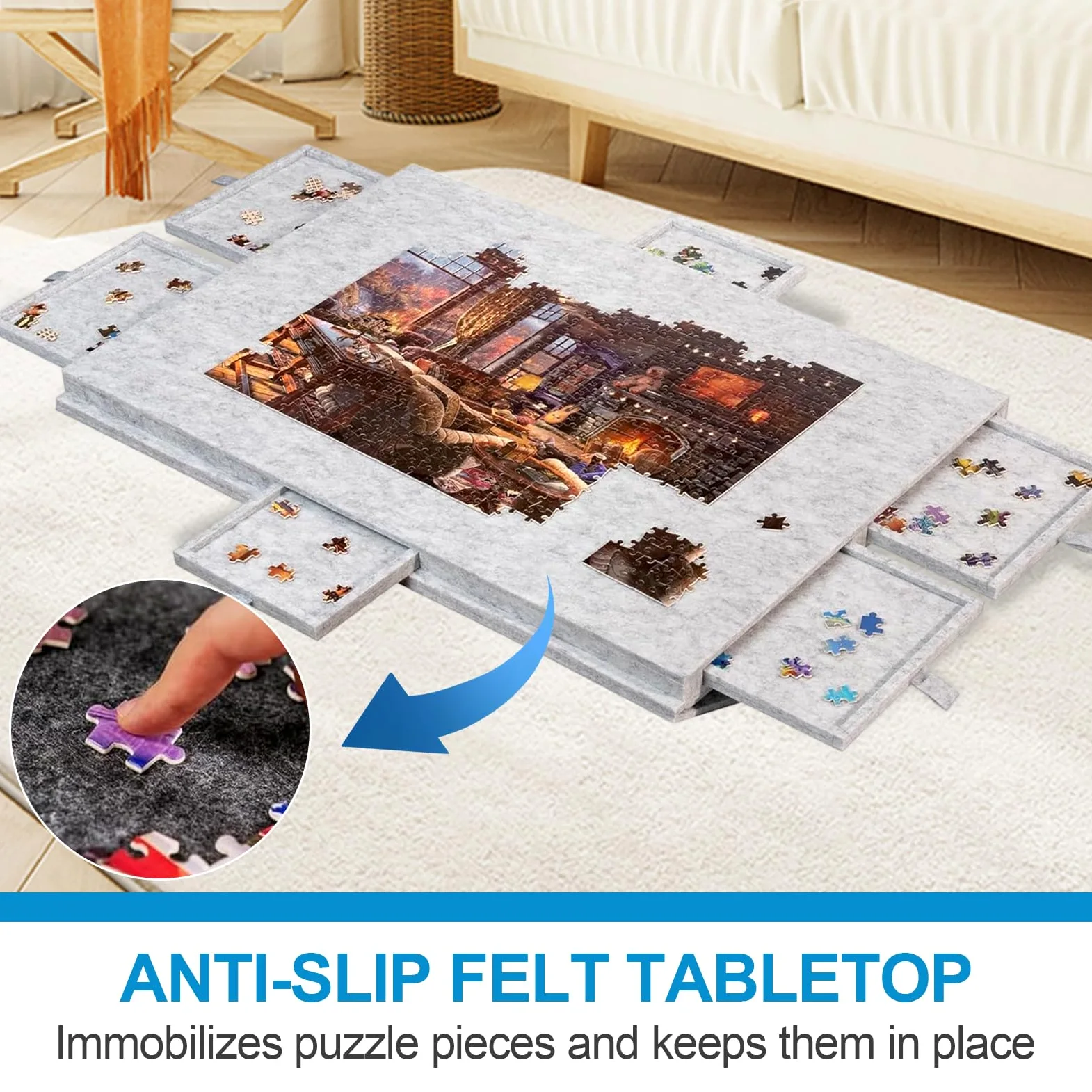 Planche de puzzle inclinable avec 6 tiroirs et housse, table de puzzle légère et portable avec support réglable pour 1 000 pièces, planche de puzzle pliable en feutre antidérapant pour adultes et