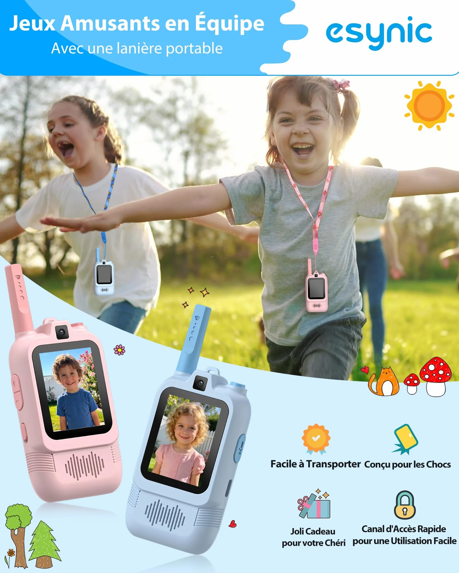 eSynic Talkie Walkie Enfants Double Caméra Appels Vidéo Portée 500m Rechargeable Rose+Bleu