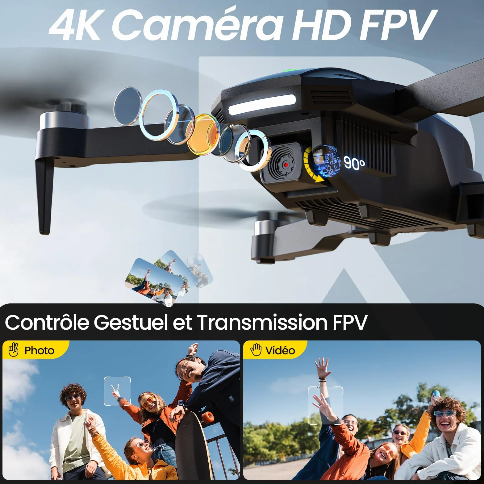 Drone DEERC D75 Caméra HD 4K Quadricoptère FPV Pliable 32 Min Vol Moteurs Brushless Commande Vocale Gestuelle Tap Fly 3 Vitesses Débutants