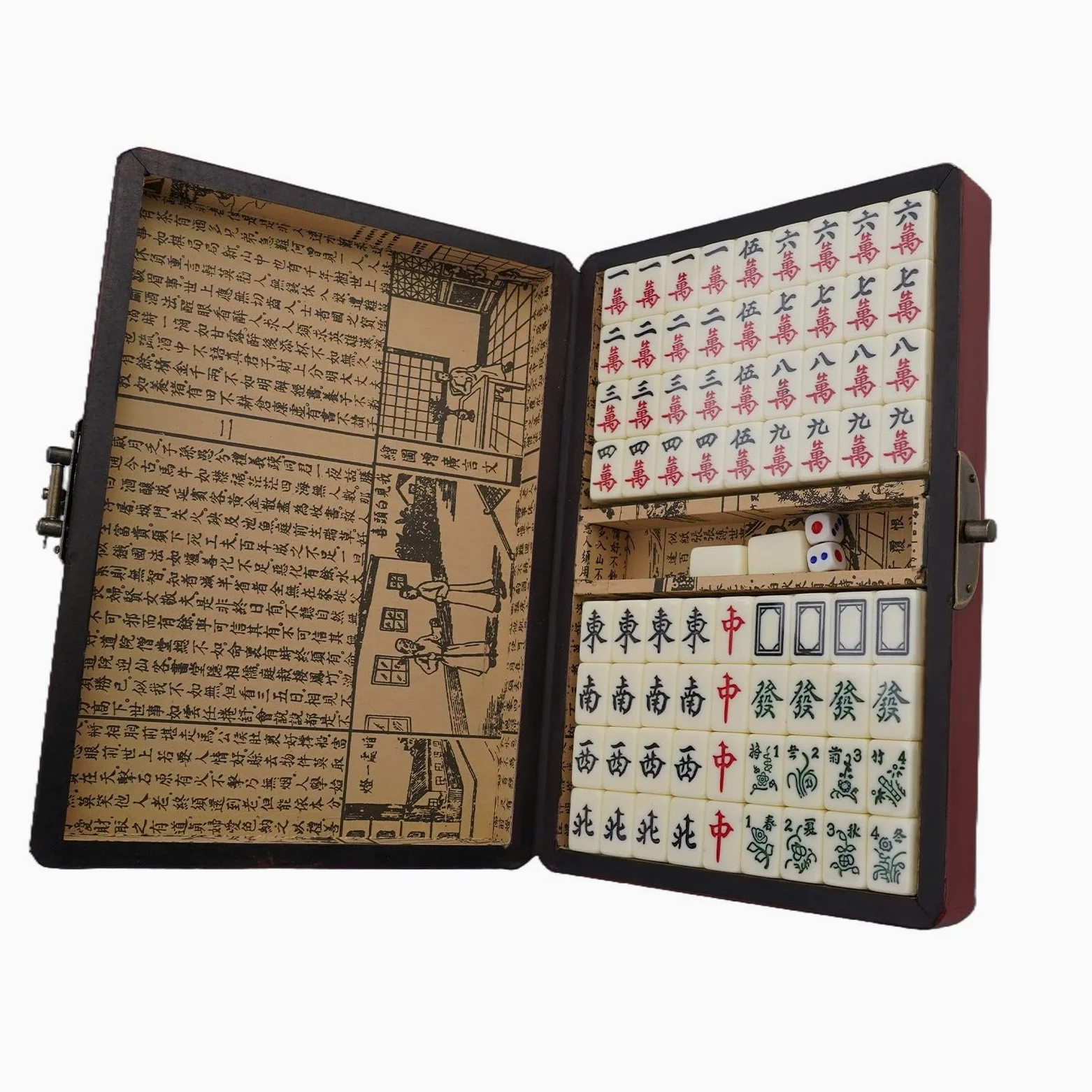 Jeu de pour mahjong Chinois 144 Tuiles avec Étui en pour bois | 144 tuiles complètes, 2 dés inclus, instructions anglaises, règles chinoises, jeu familial(without handle)